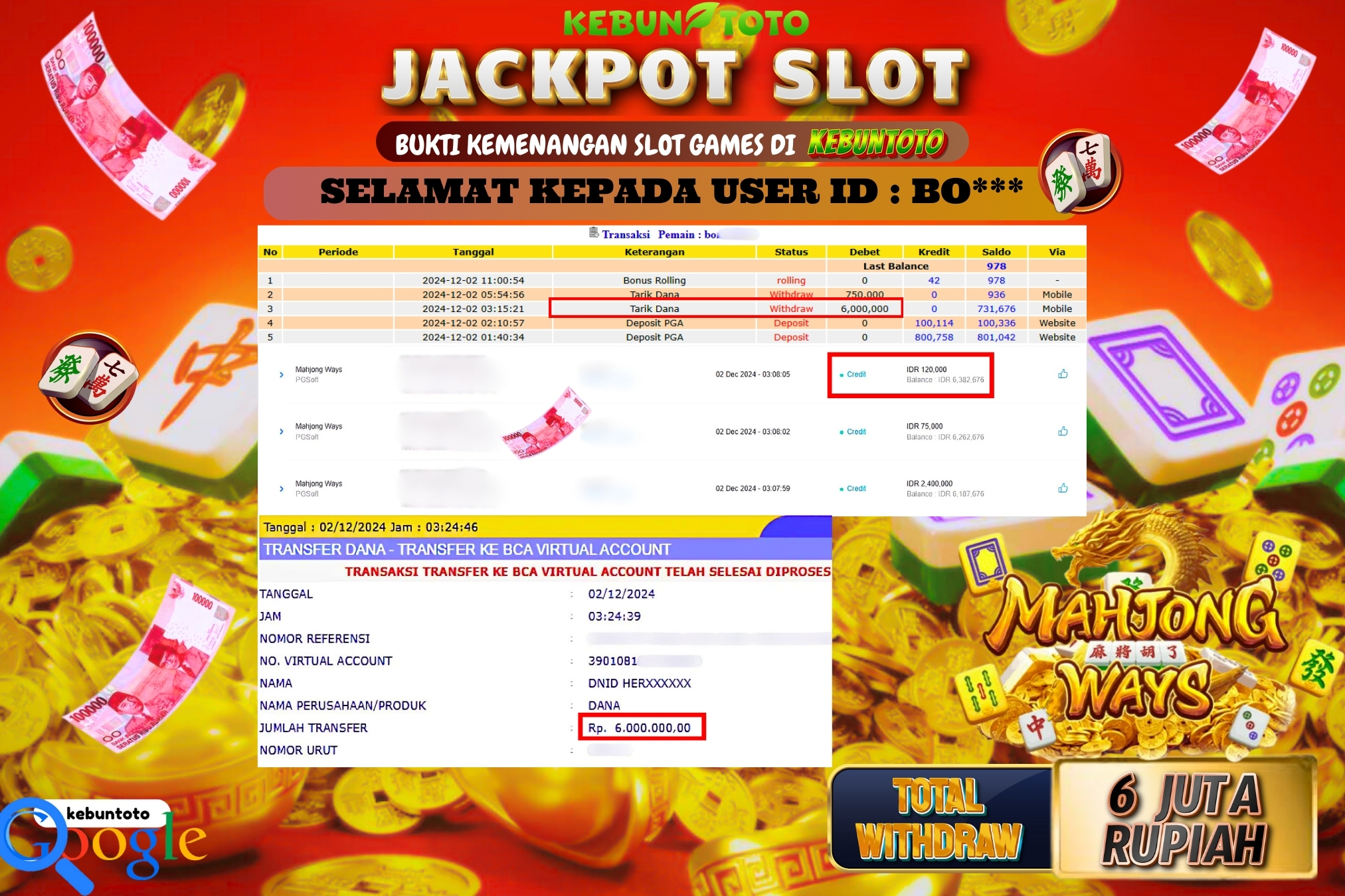KEBUNTOTO JACKPOT SLOT MAHJONG WAYS Rp.6.000.000,- LUNAS