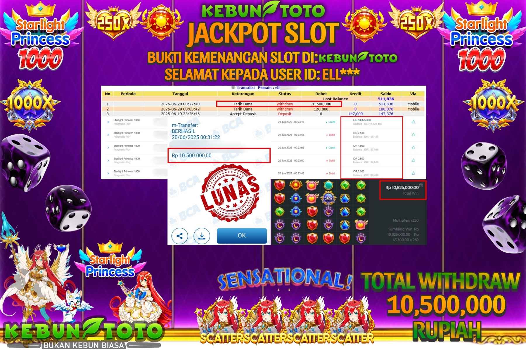 Bukti Kemenangan Rp 10.500.000 SLOT STARLIGHT PRINCESS 1000 di KEBUNTOTO!