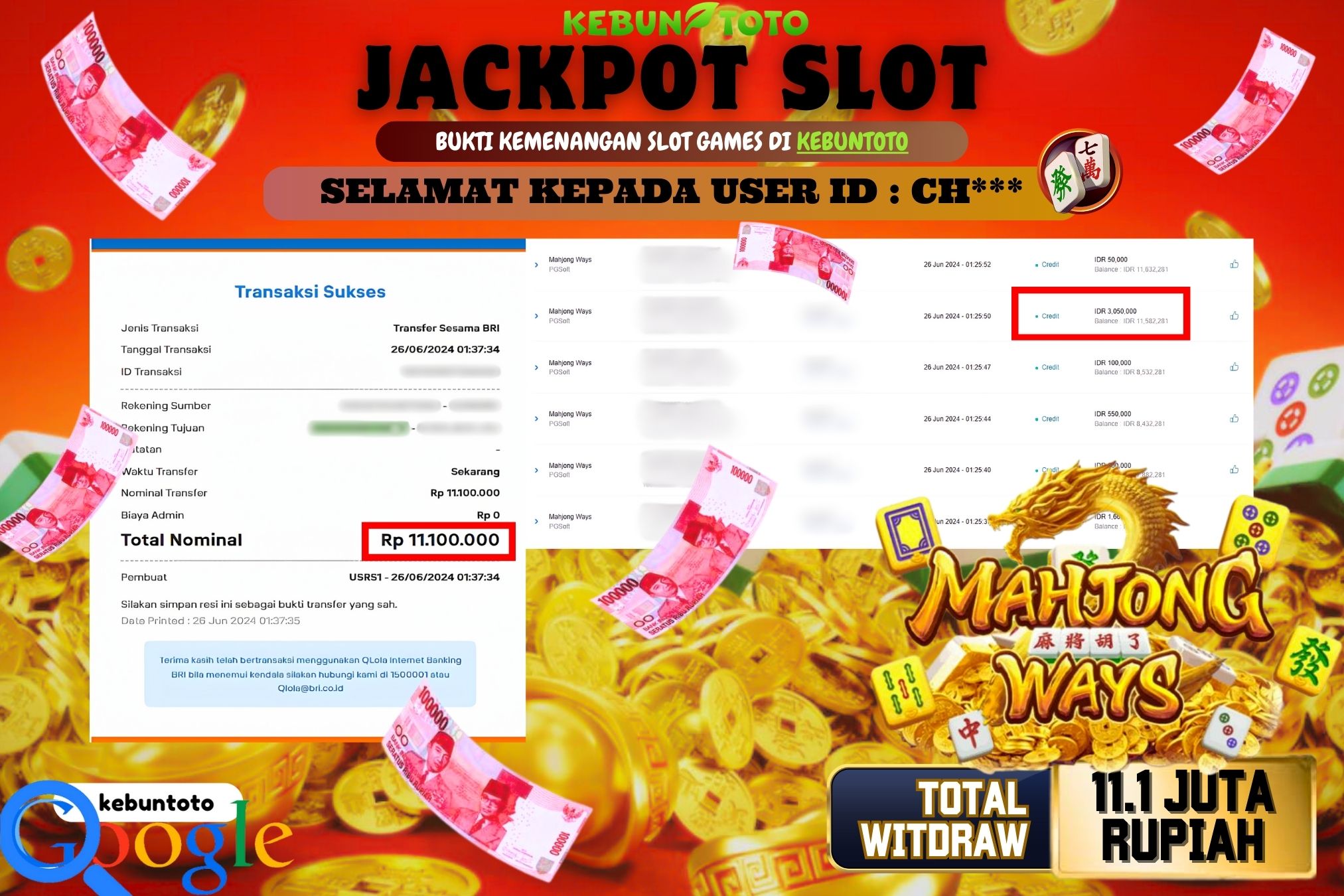 KEBUNTOTO JACKPOT SLOT MAHJONG WAYS Rp.11.100.000,- LUNAS
