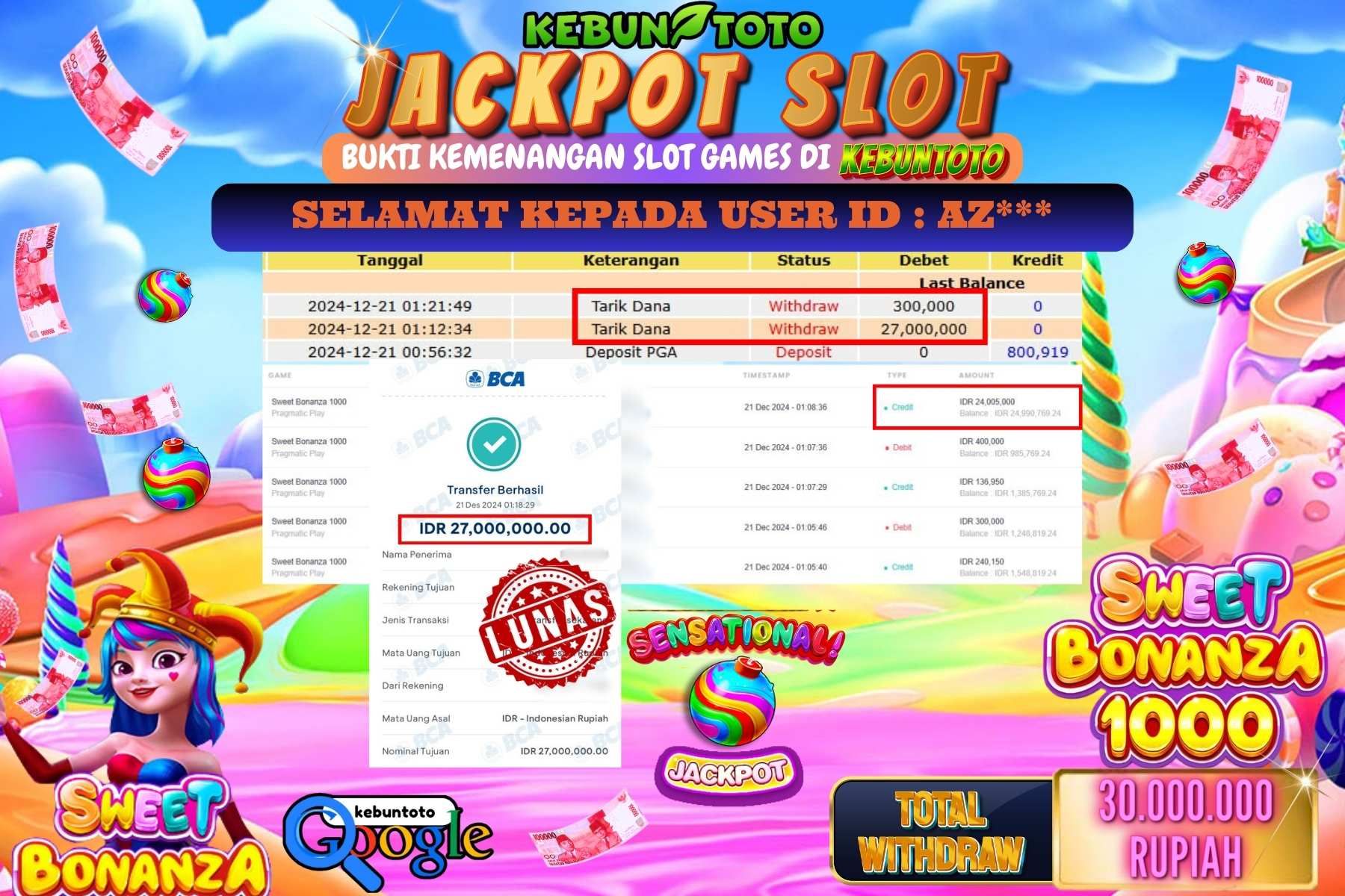 KEBUNTOTO JACKPOT SLOT SWEET BONANZA 1000, Sebesar Rp.30.000.000,- LUNAS
