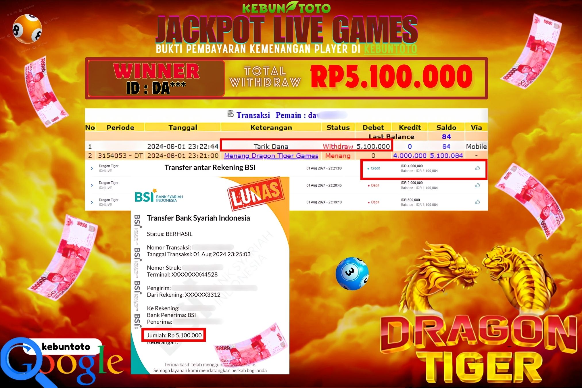 KEBUNTOTO JACKPOT LIVE GAMES DRAGON TIGER Rp.5.100.000,- LUNAS