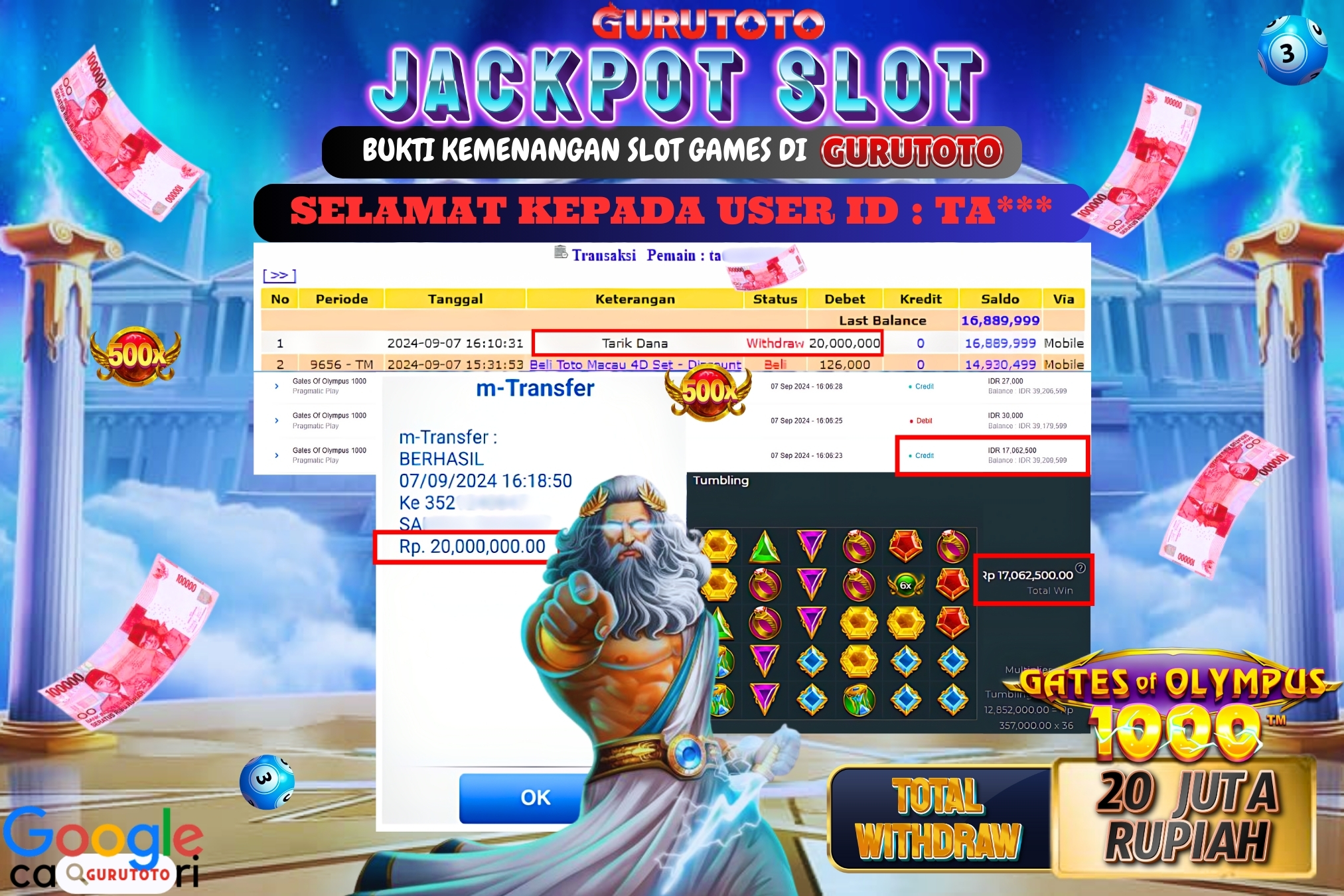 Jackpot Slot Gates of Olympus 1000 di Gurutoto sebesar Rp.20.000.000 dibayar lunas.