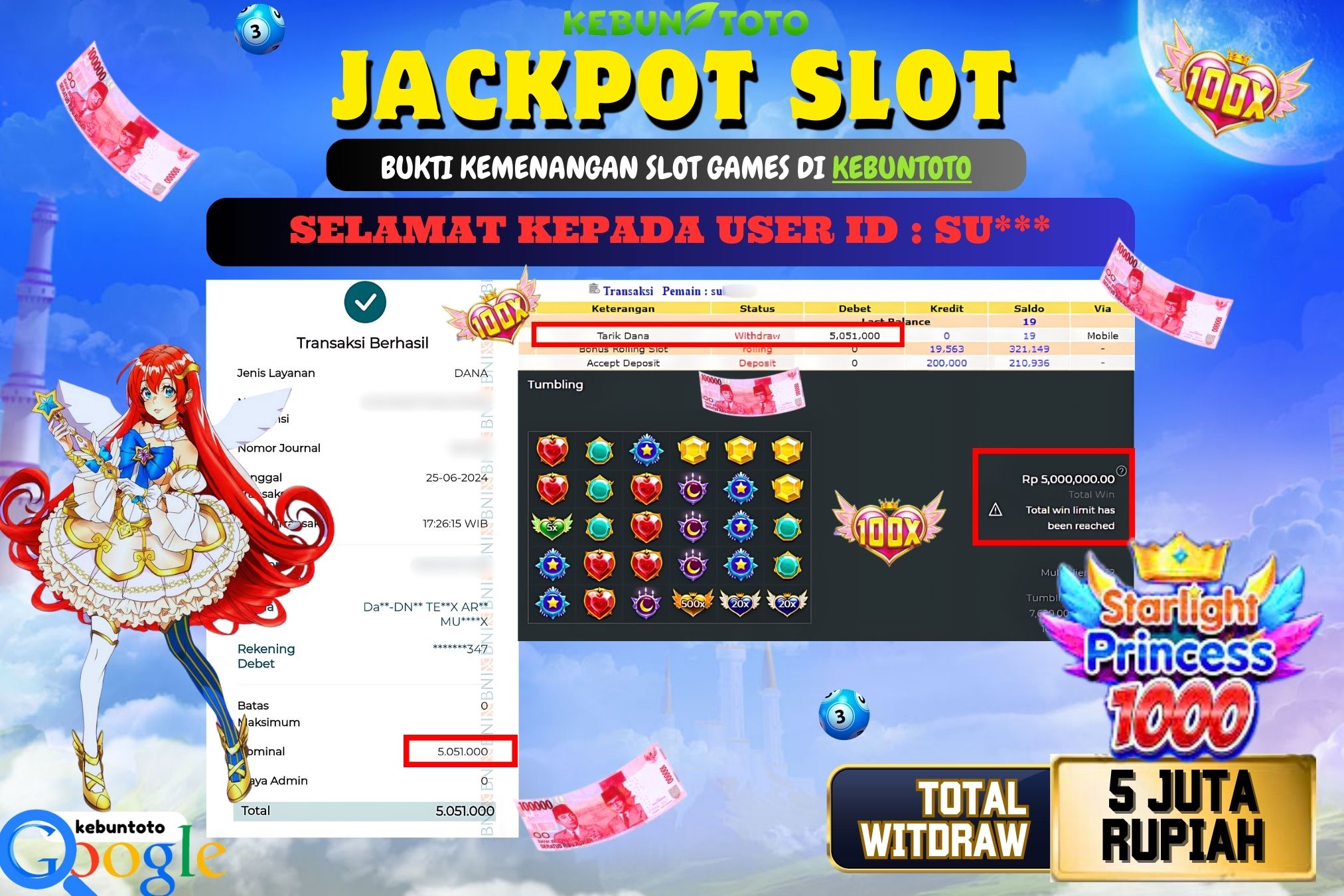 KEBUNTOTO JACKPOT SLOT STARLIGHT PRINCESS 1000 Rp.5.051.000,- LUNAS