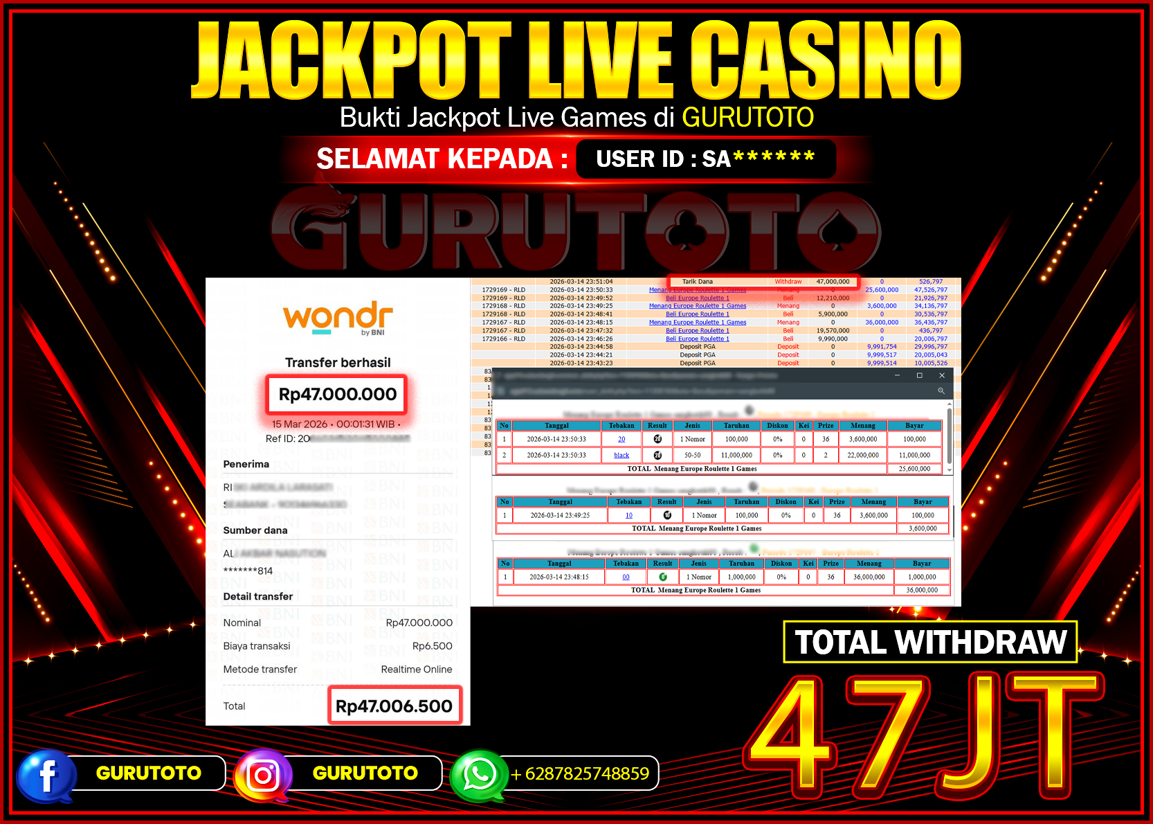 Bukti Kemenangan Rp 47.000.000 LIVE CASINO ROULETTE di GURUTOTO !