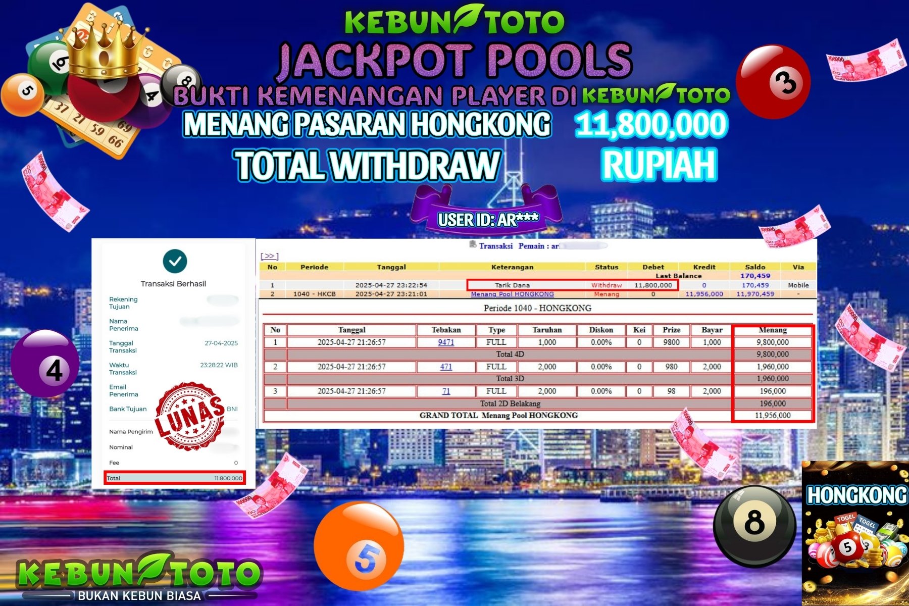 KEBUNTOTO JACKPOT TOGEL HONGKONG Rp 11.800.000 ,- LUNAS
