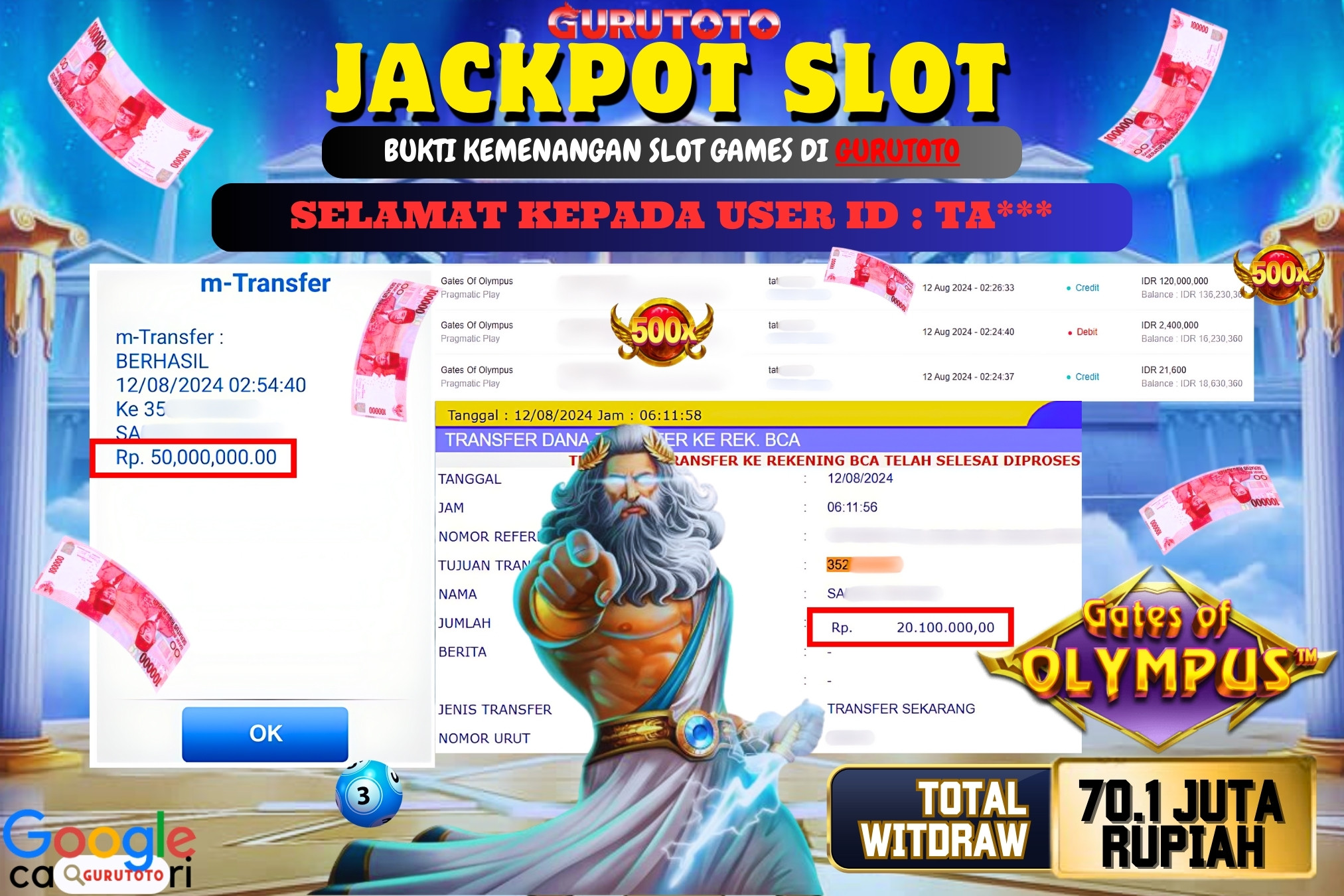 Jackpot Slot Gates of Olympus di Gurutoto sebesar Rp.70.100.000 dibayar lunas.