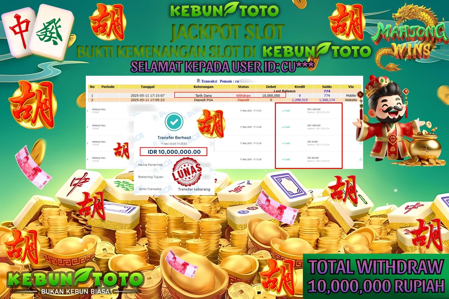KEBUNTOTO JACKPOT SLOT MAHJONG WAYS Rp 10,000,000 ,- LUNAS