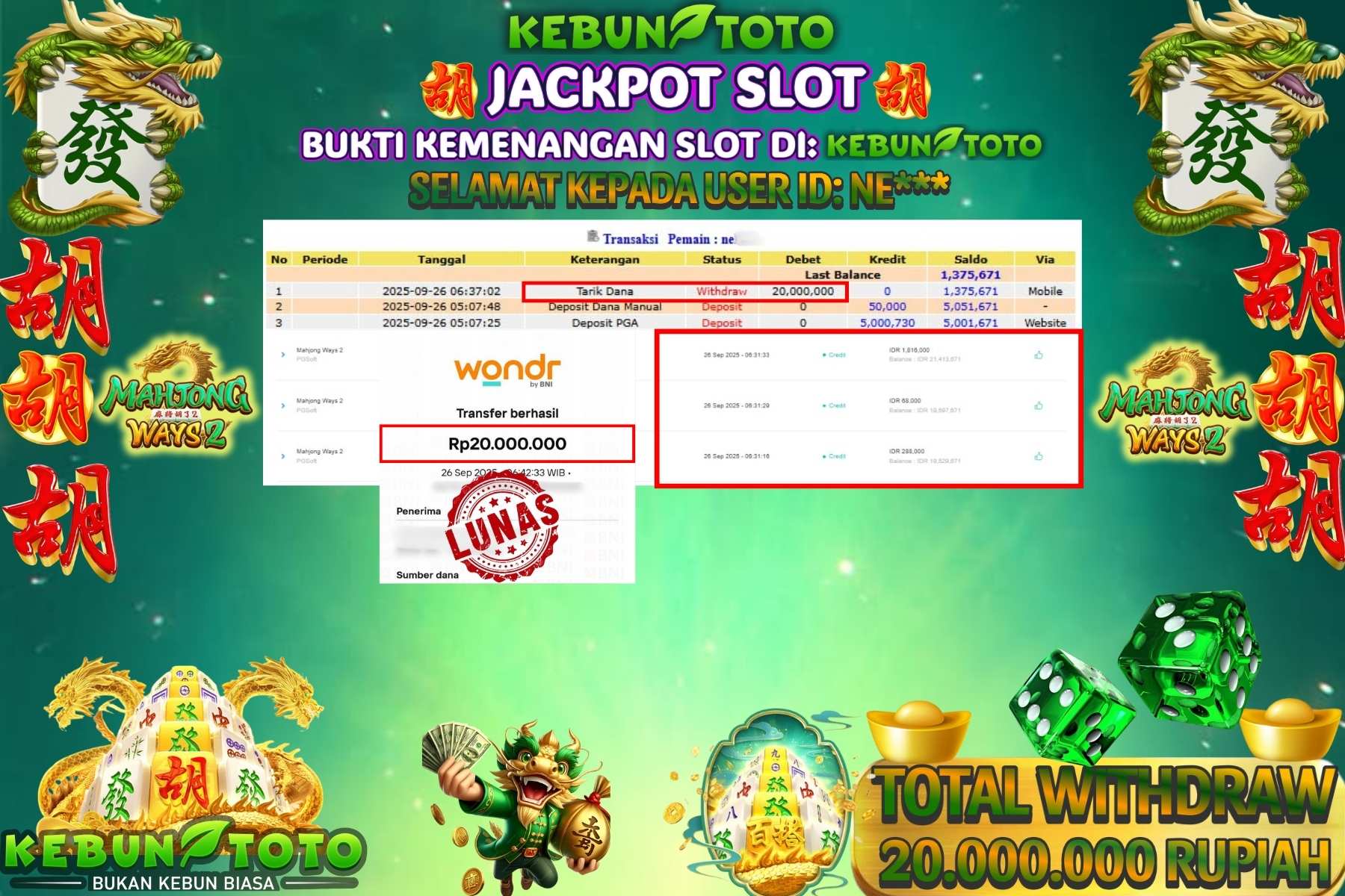 Bukti Kemenangan Rp 20.000.000 SLOT MAHJONG WAYS 2 di KEBUNTOTO!