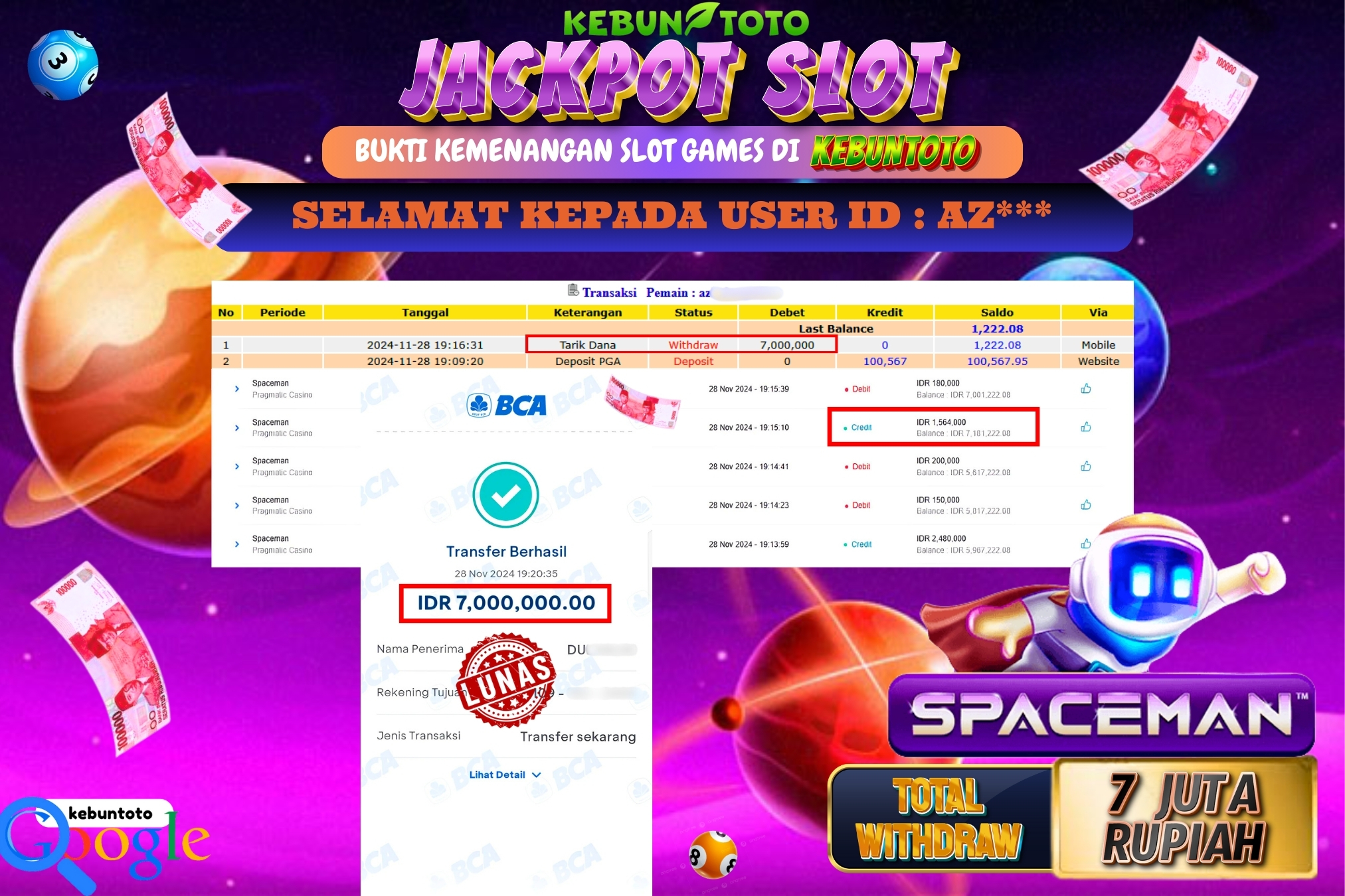 KEBUNTOTO JACKPOT SLOT SPACEMAN Rp.7.000.000,- LUNAS