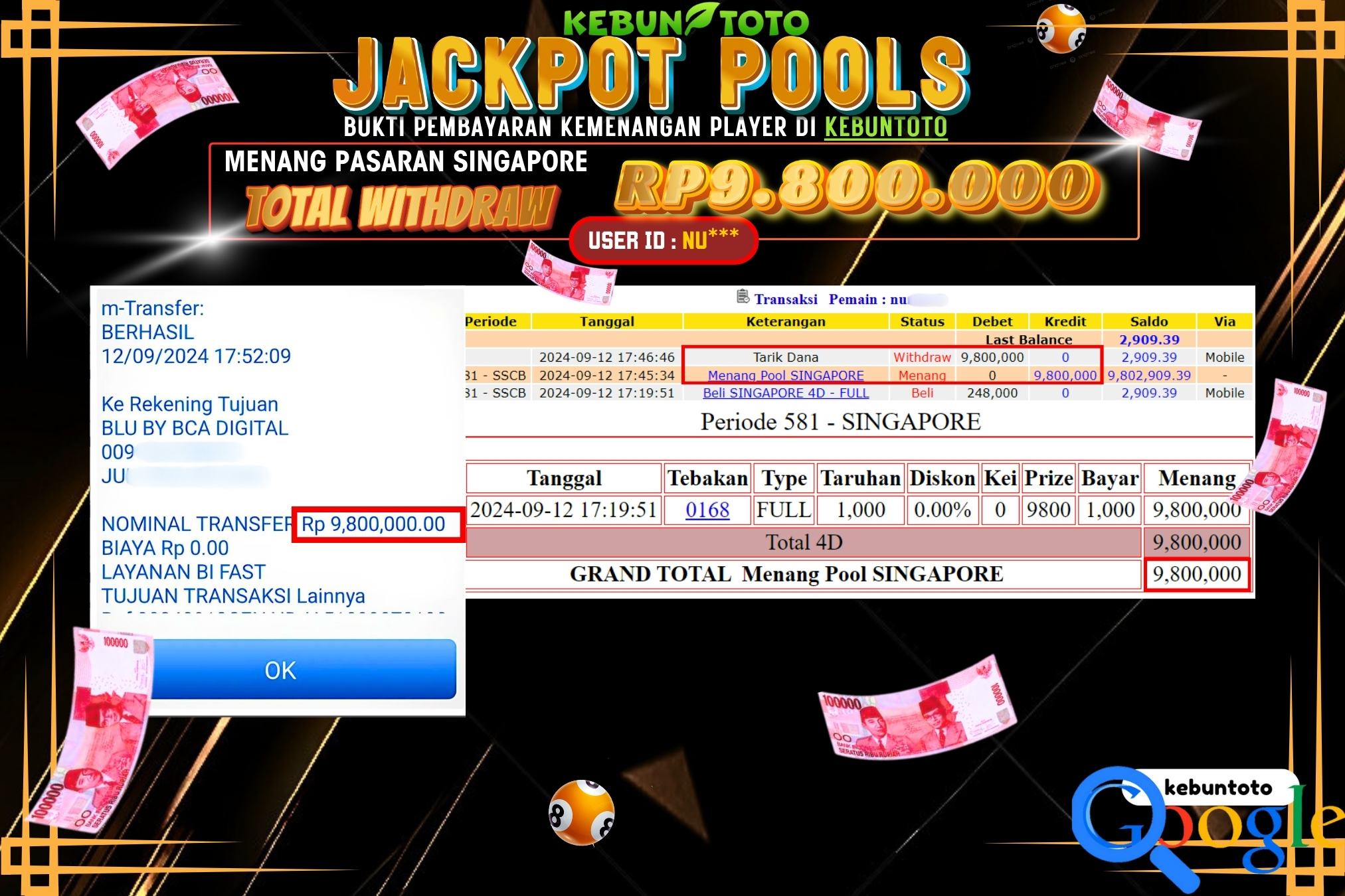 KEBUNTOTO JACKPOT TOGEL PASARAN SINGAPORE Rp.9.800.000,- LUNAS