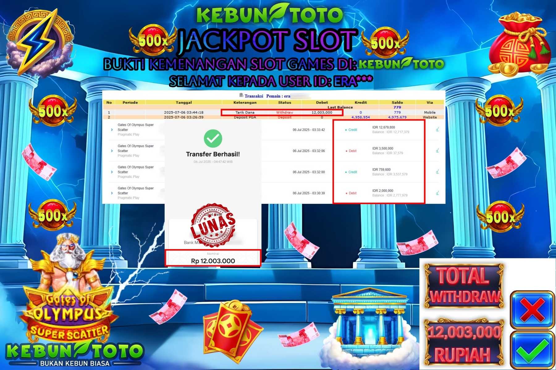Bukti Kemenangan Rp 12.003.000 SLOT GATES OF OLYMPUS SUPER SCATTER di KEBUNTOTO!