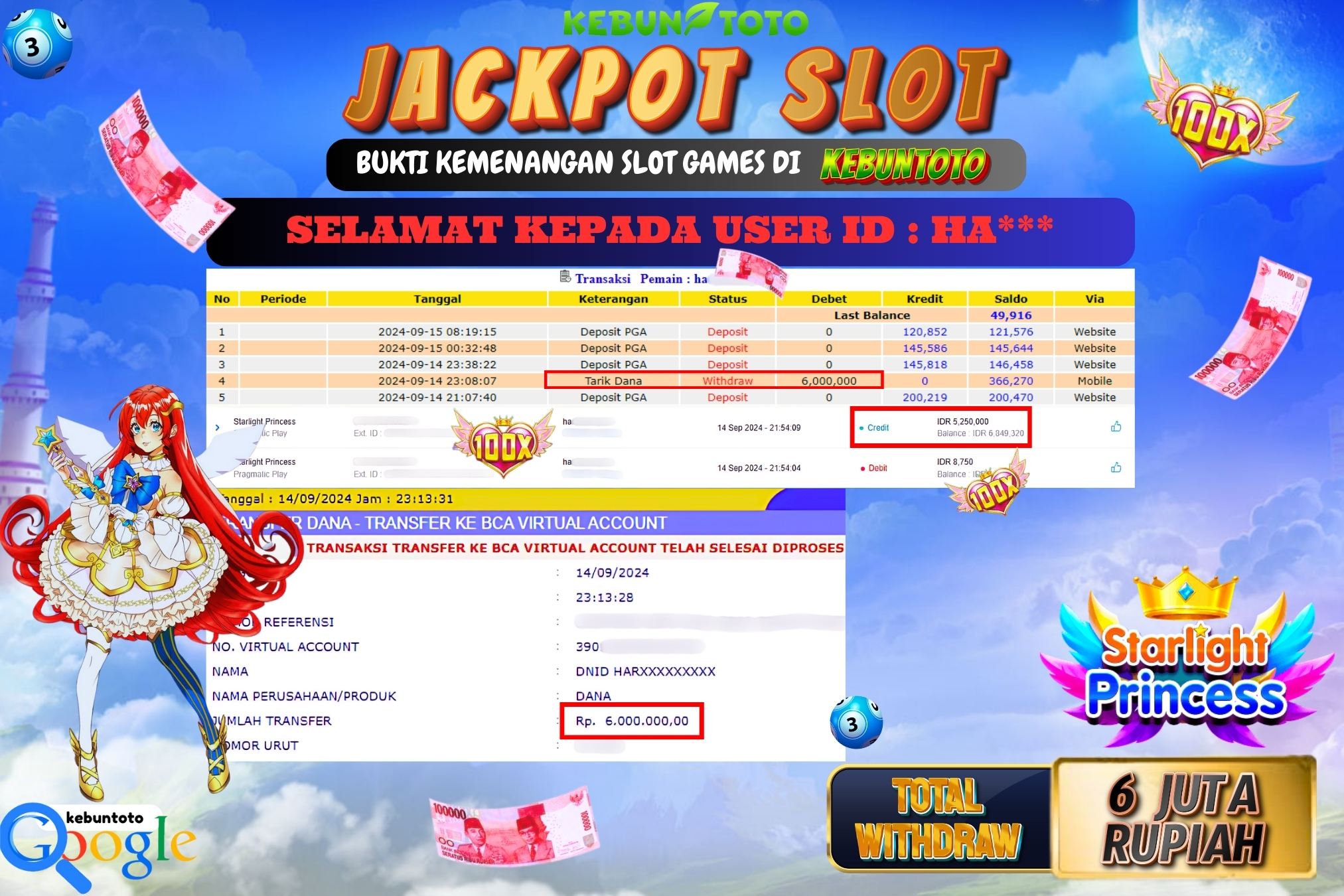 KEBUNTOTO JACKPOT SLOT STARLIGHT PRINCESS Rp.6.000.000,- LUNAS