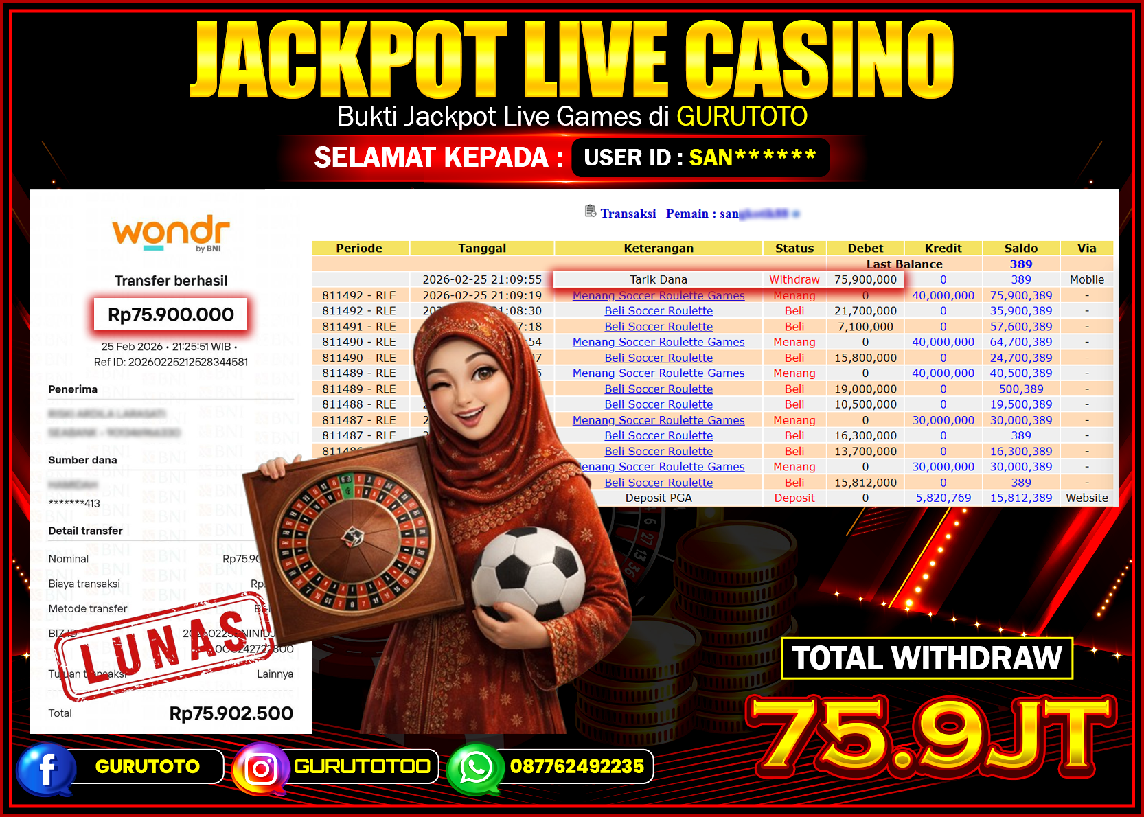 Bukti Kemenangan Rp 75.900.000 SOCCER ROULETTE di GURUTOTO !