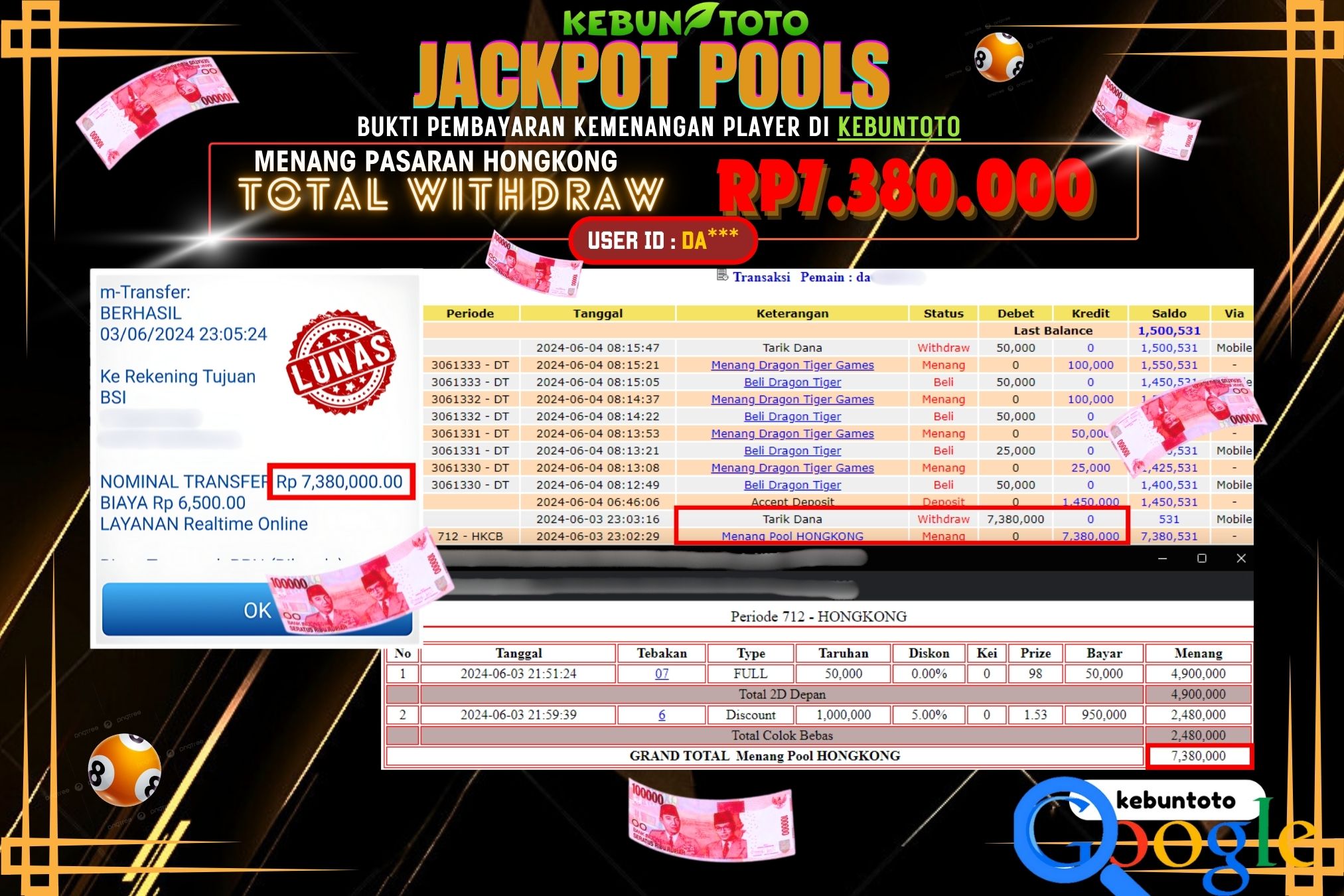 KEBUNTOTO JACKPOT TOGEL PASARAN HONGKONG Rp.7.380.000,- LUNAS