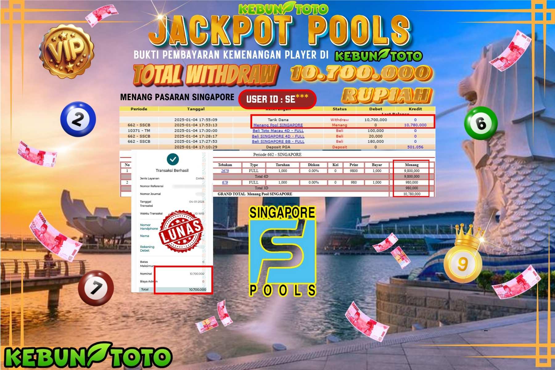 KEBUNTOTO JACKPOT TOTO SINGAPORE POOLS , Sebesar Rp.10.700.000,- LUNAS