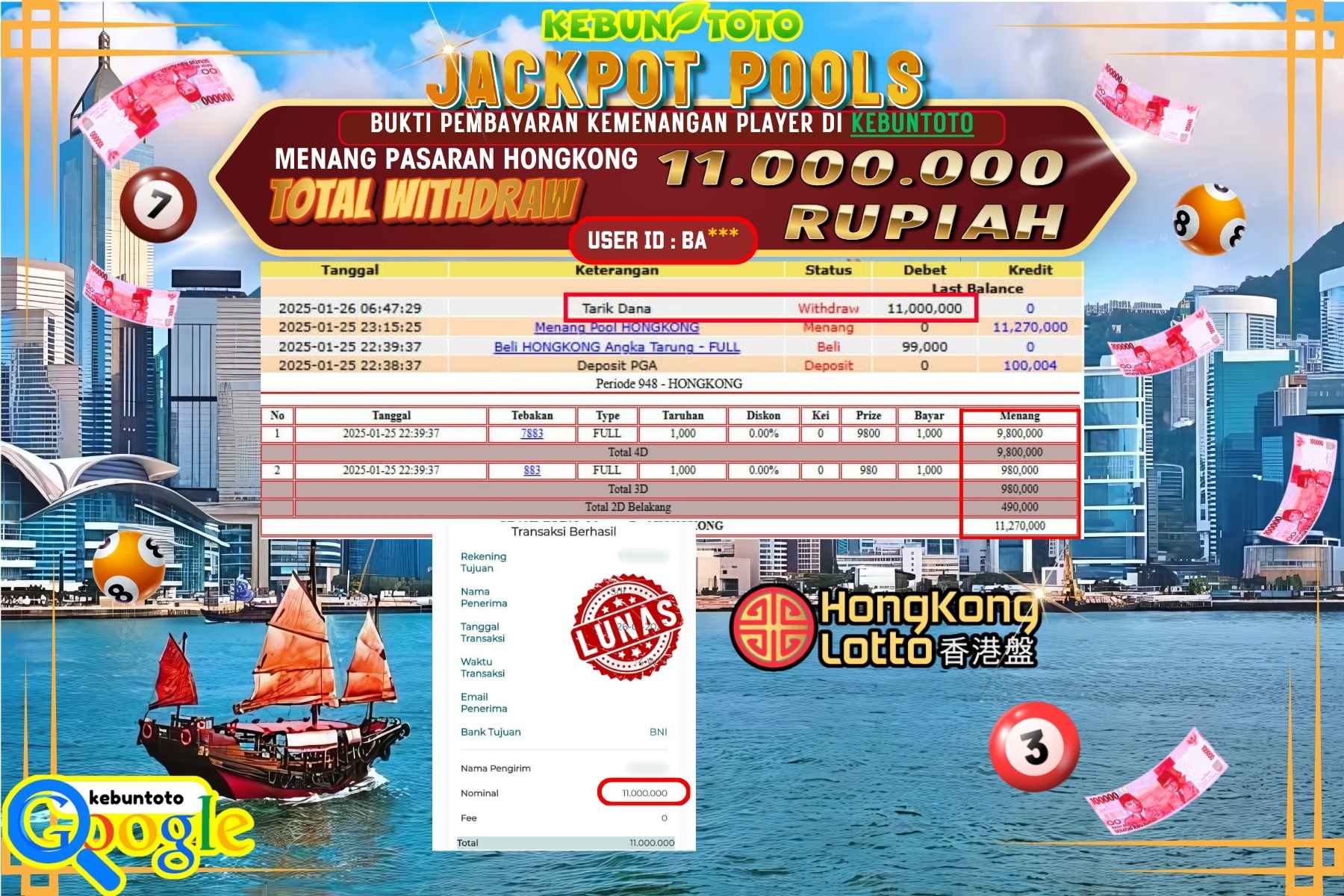 KEBUNTOTO JACKPOT TOTO HONGKONG POOLS , Sebesar Rp.11.000.000,- LUNAS