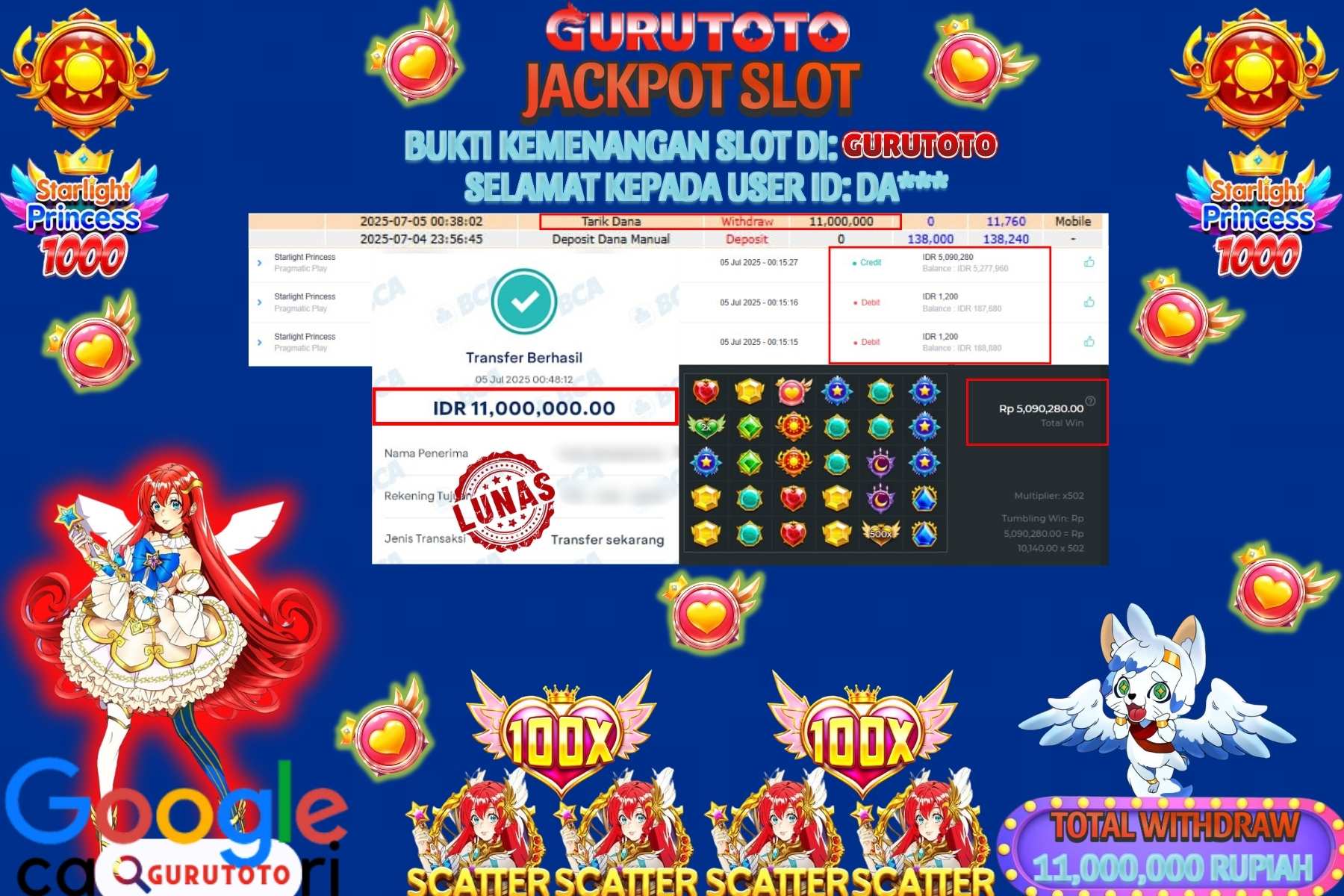 Bukti Kemenangan Rp 11.000.000 SLOT STARLIGHT PRINCESS di GURUTOTO!
