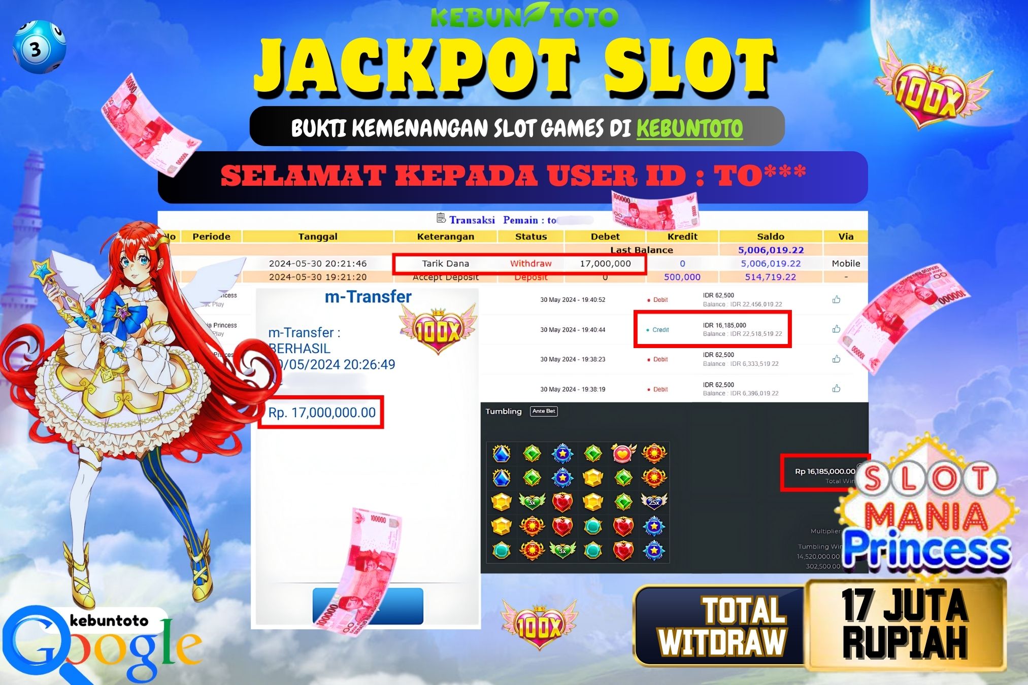 KEBUNTOTO JACKPOT SLOT MANIA PRINCESS Rp.17.000.000,- LUNAS