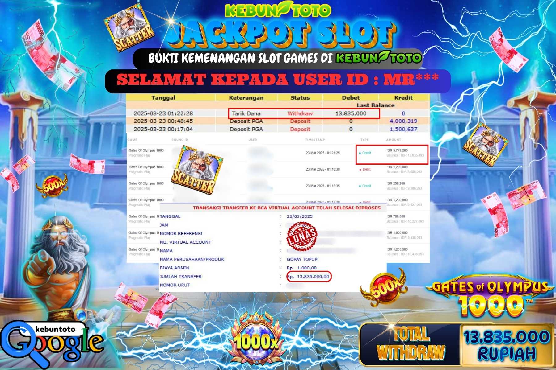 KEBUNTOTO JACKPOT, SLOT GATES OF OLYMPUS 1000 Sebesar Rp 13.835.000,- LUNAS