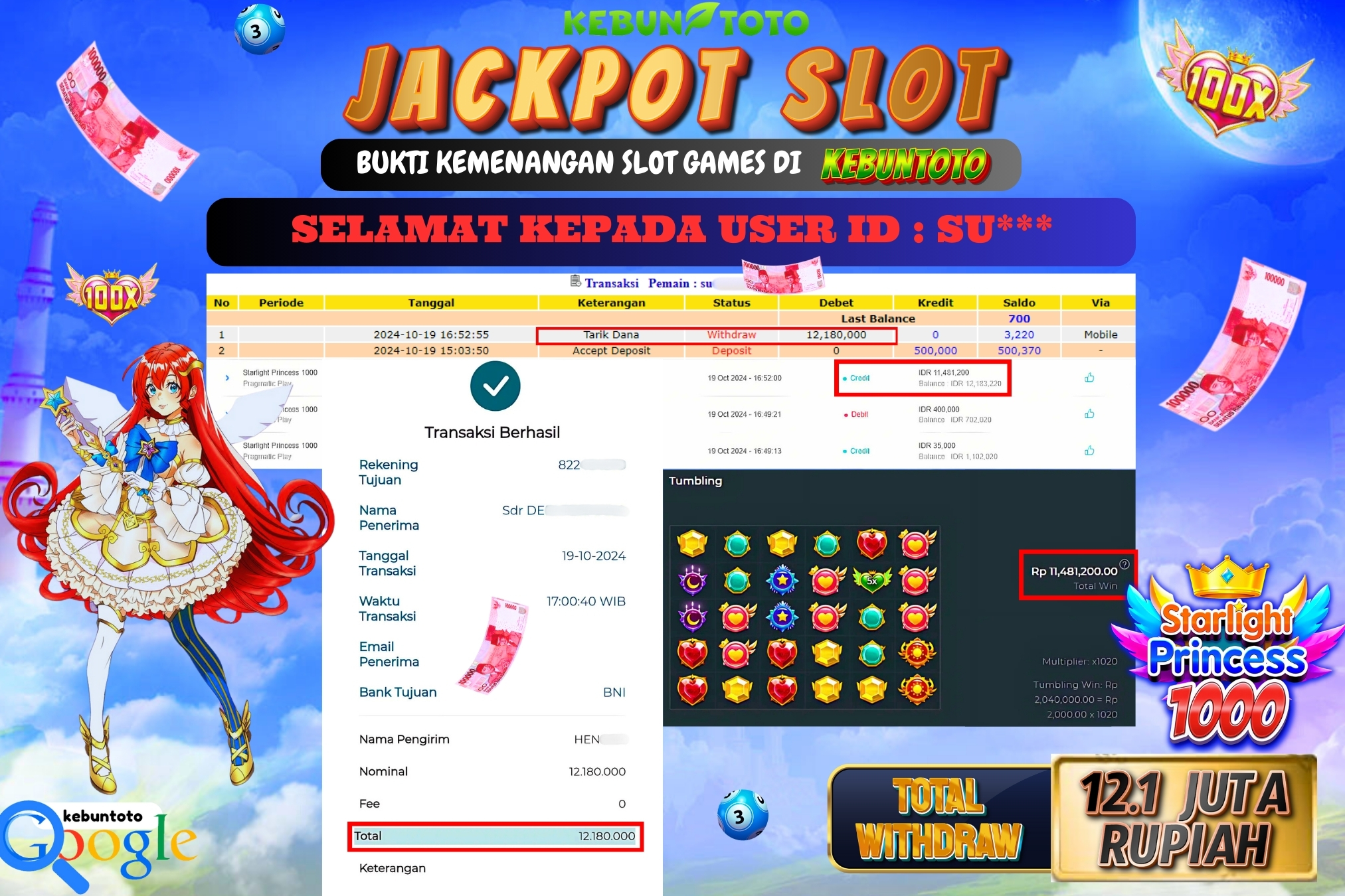 KEBUNTOTO JACKPOT SLOT STARLIGHT PRINCESS 1000 Rp.12.180.000,- LUNAS