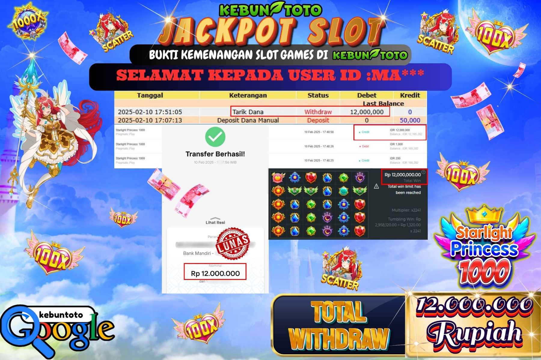 KEBUNTOTO JACKPOT, SLOT STARLIGHT PRINCESS 1000 , Sebesar Rp 12.000.000,- LUNAS