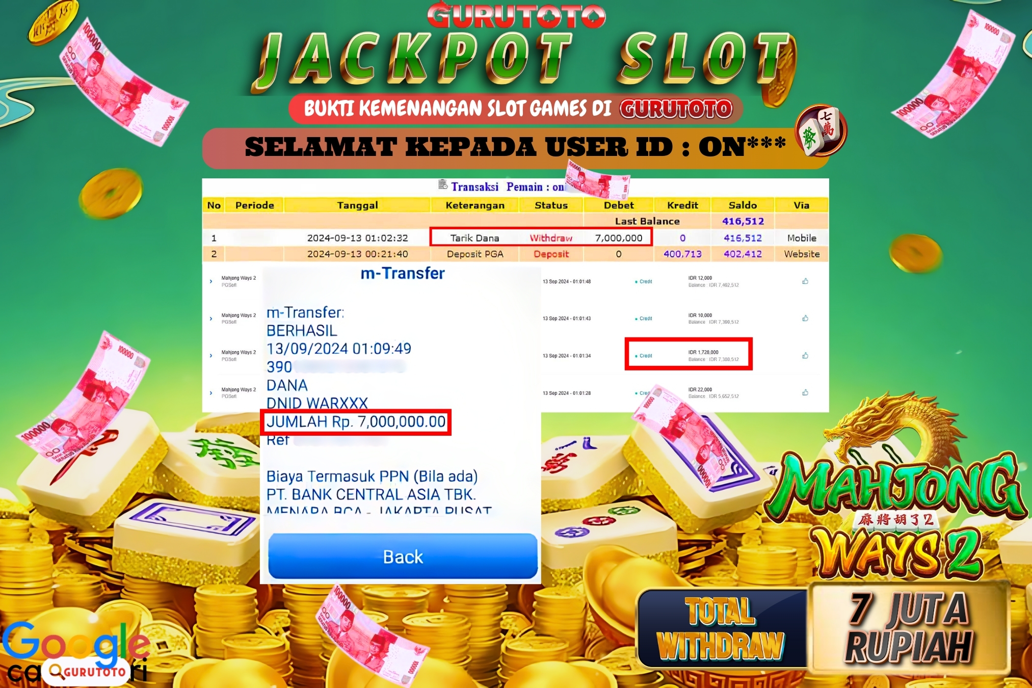 Jackpot Slot Mahjong Ways 2 di Gurutoto sebesar Rp.7.000.000 dibayar lunas.