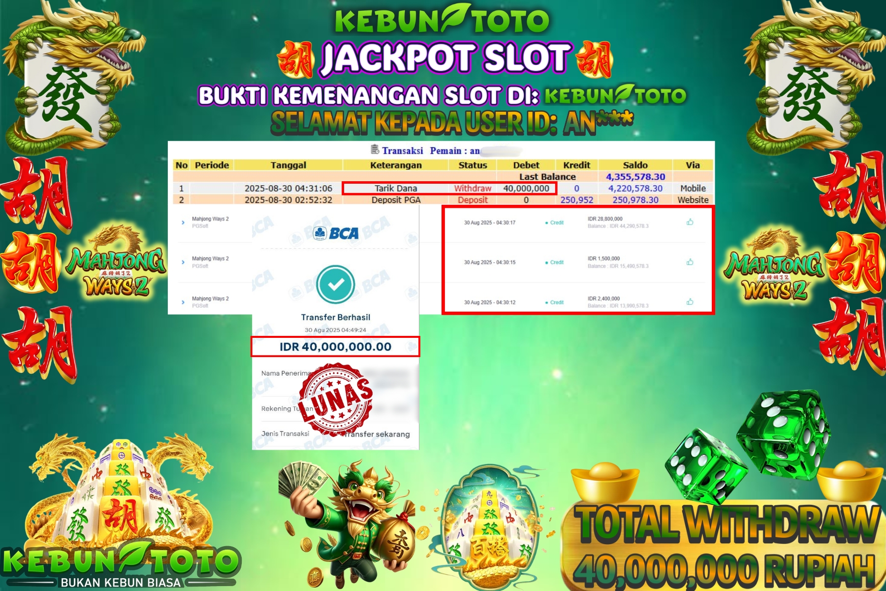Bukti Kemenangan Rp 40.000.000 SLOT MAHJONG WAYS 2 di KEBUNTOTO!