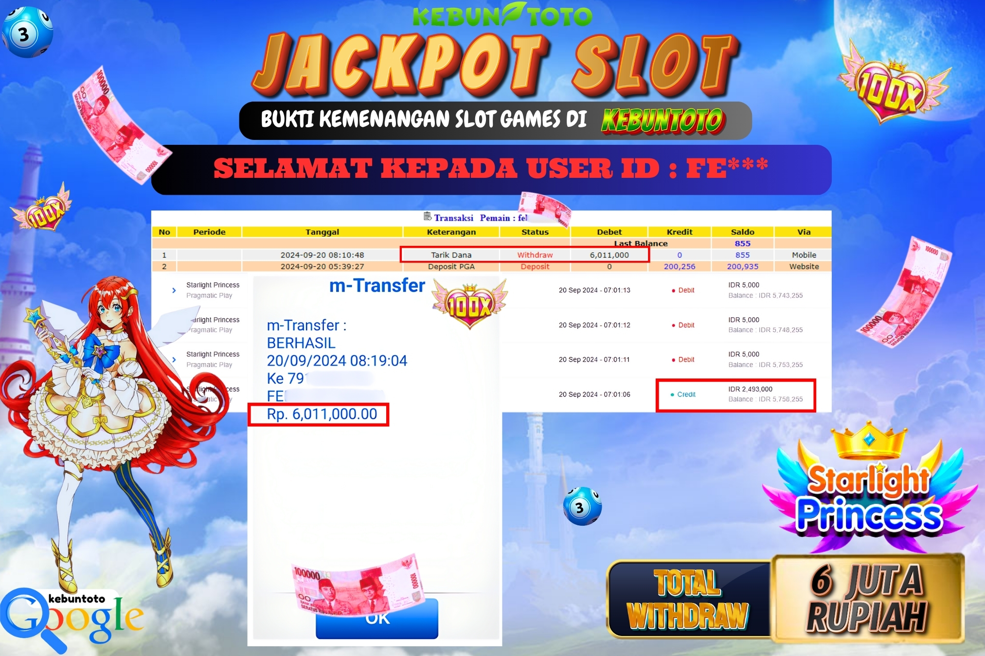 KEBUNTOTO JACKPOT SLOT STARLIGHT PRINCESS Rp.6.011.000,- LUNAS