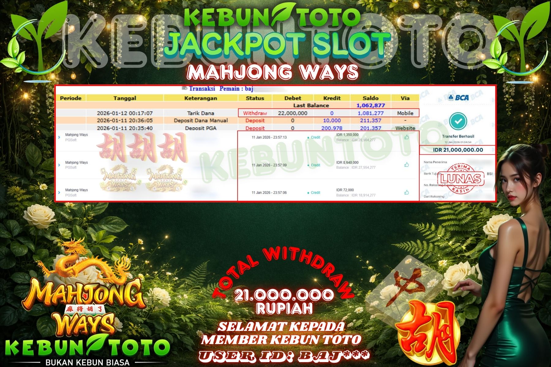 Bukti Kemenangan Rp 21.000.000 SLOT MAHJONG WAYS di KEBUNTOTO!