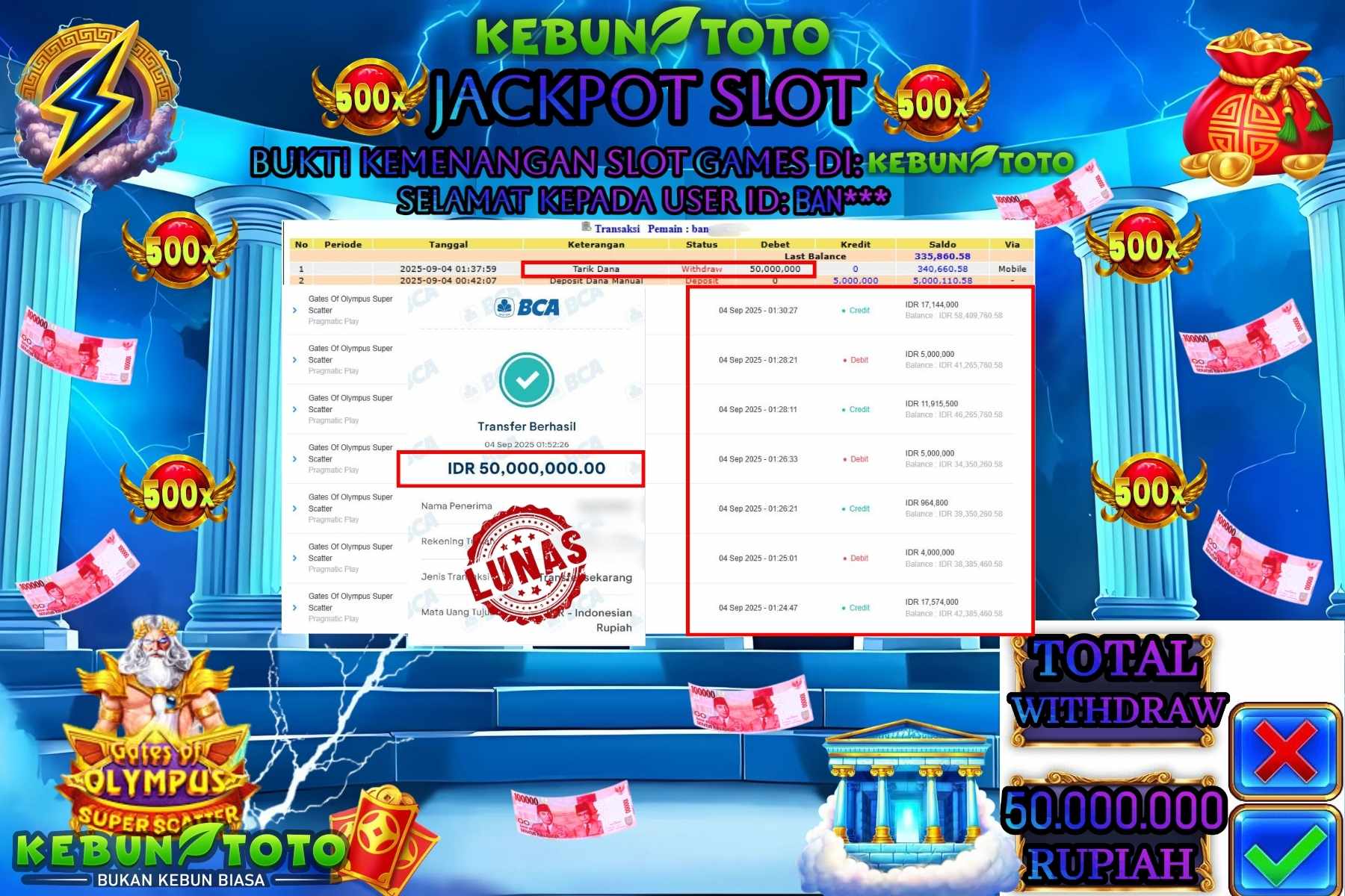Bukti Kemenangan Rp 50.000.000 SLOT GATES OF OLYMPUS SUPER SCATTER di KEBUNTOTO!