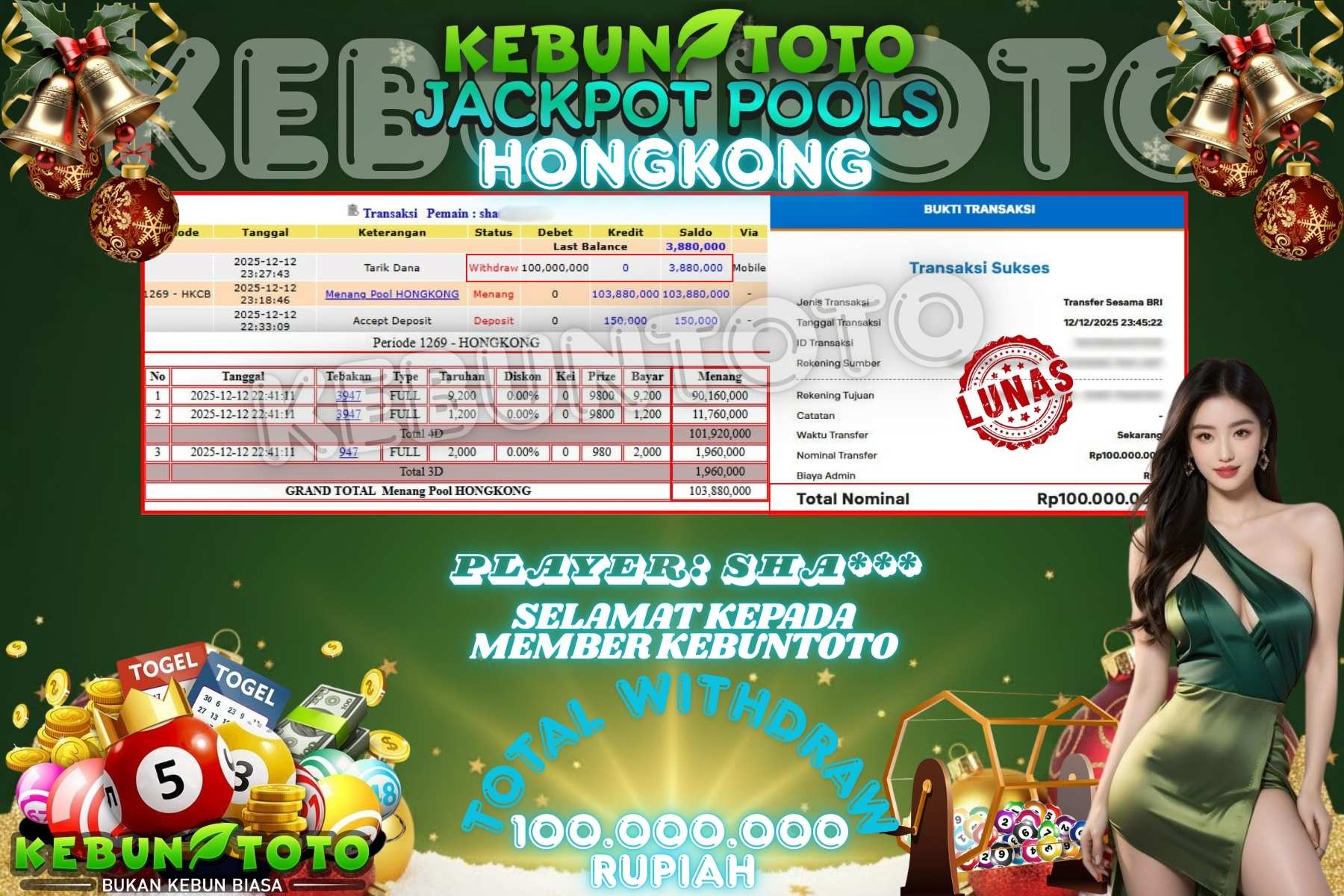 Bukti Kemenangan Rp 100.000.000 TOGEL HONGKONG di KEBUNTOTO!