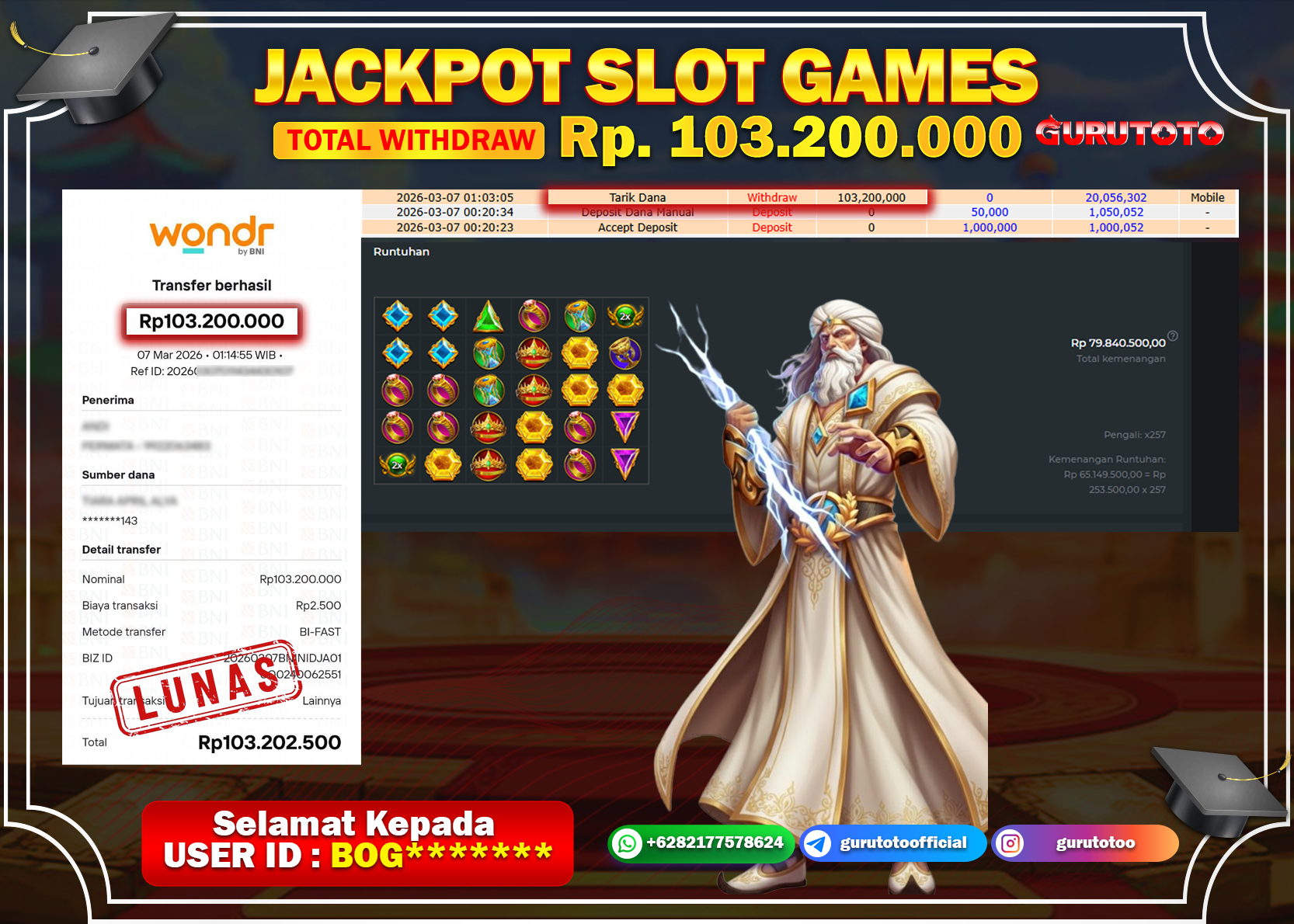 Bukti Kemenangan Rp 103.200.000 GATES OF OLYMPUS di GURUTOTO !