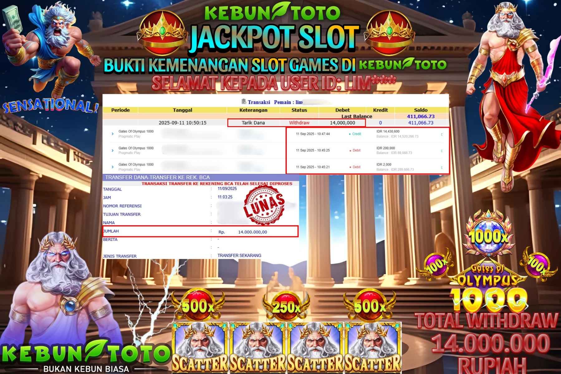 Bukti Kemenangan Rp 14.000.000 SLOT GATES OF OLYMPUS 1000 di KEBUNTOTO!