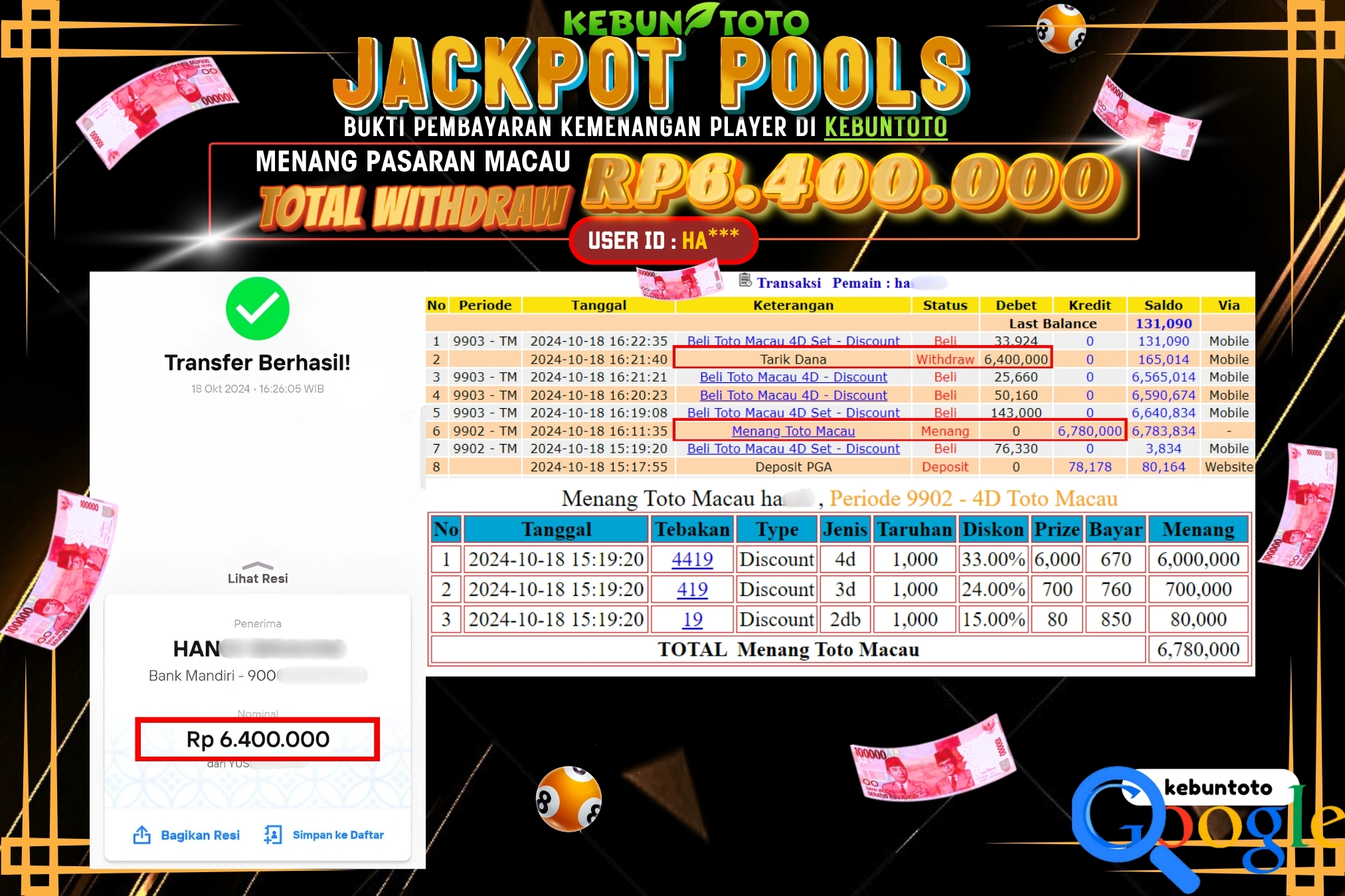 KEBUNTOTO JACKPOT TOGEL PASARAN MACAU Rp.6.400.000,- LUNAS