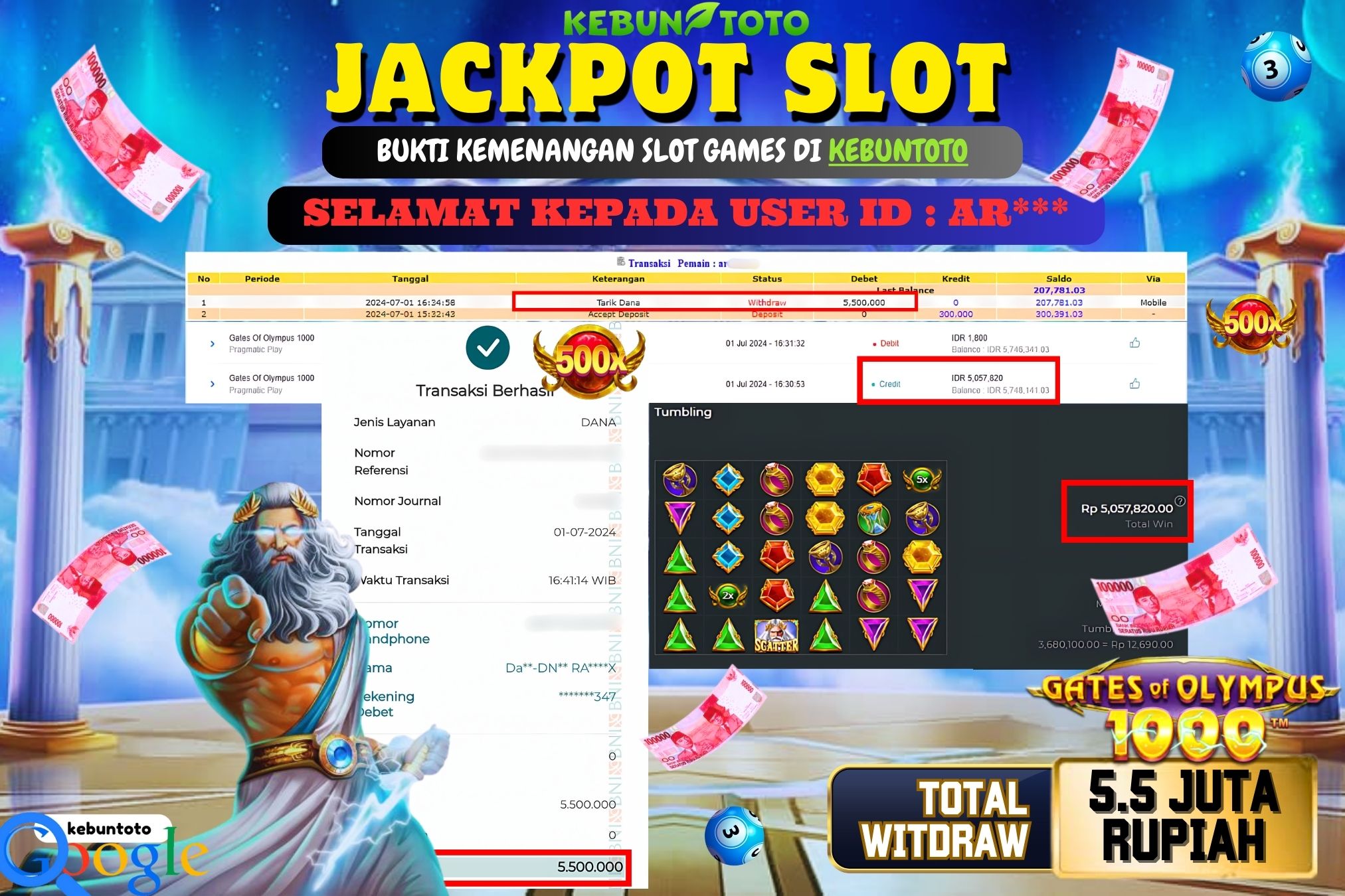 KEBUNTOTO JACKPOT SLOT GATES OF OLYMPUS 1000 Rp.5.500.000,- LUNAS
