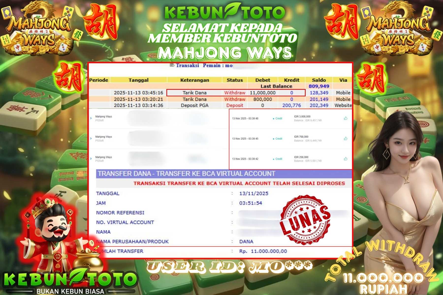 Bukti Kemenangan Rp 11.000.000 SLOT MAHJONG WAYS di KEBUNTOTO!
