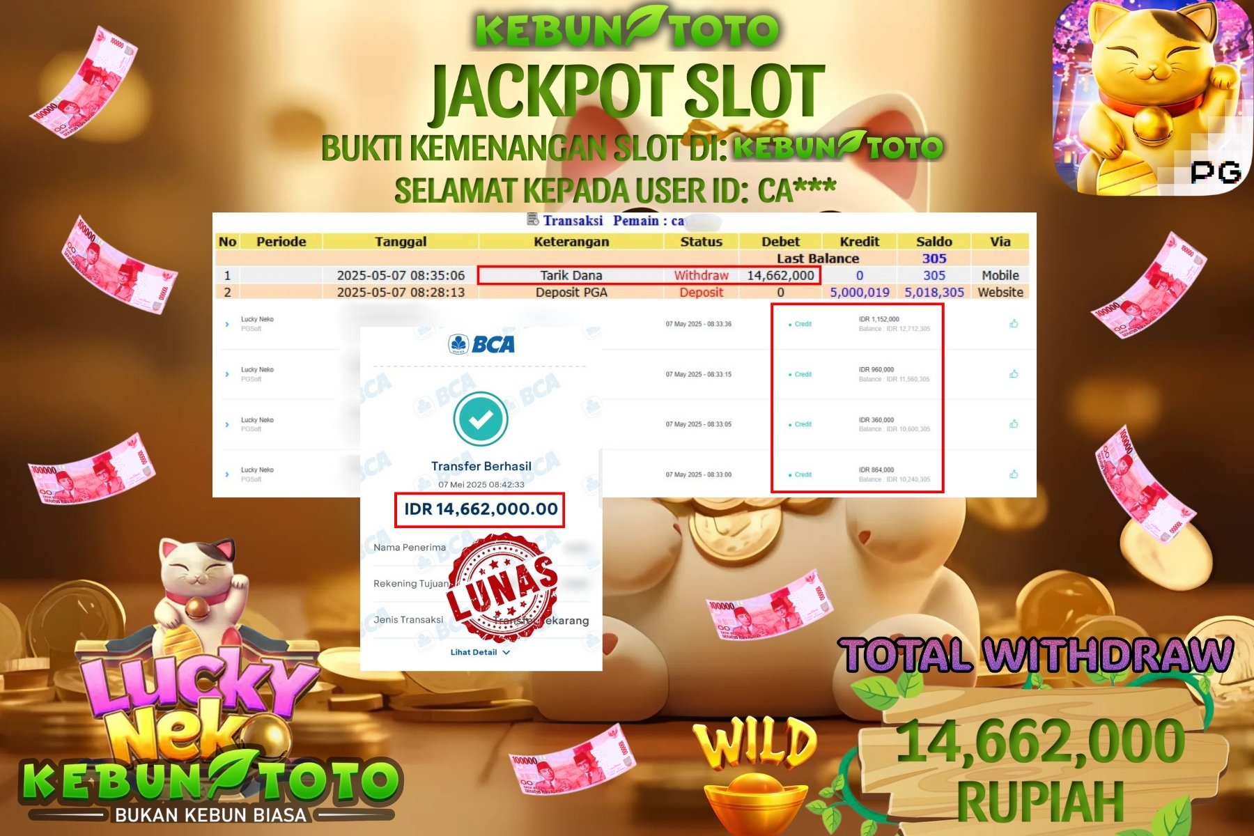 KEBUNTOTO JACKPOT SLOT LUCKY NEKO Rp 14.662.000 ,- LUNAS