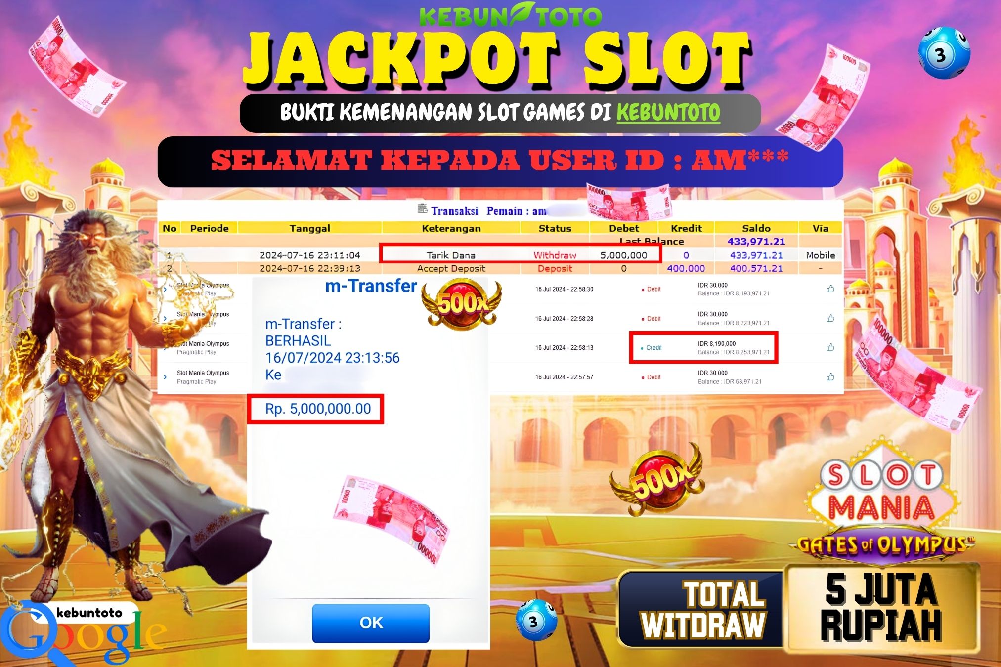 KEBUNTOTO JACKPOT SLOT MANIA OLYMPUS Rp.5.000.000,- LUNAS
