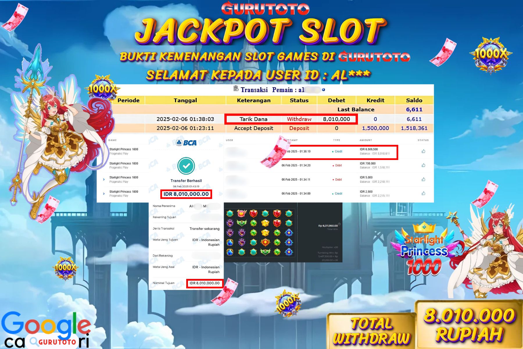 Jackpot Slot Starlight Princess 1000 di Gurutoto sebesar Rp.8.010.000 dibayar lunas.
