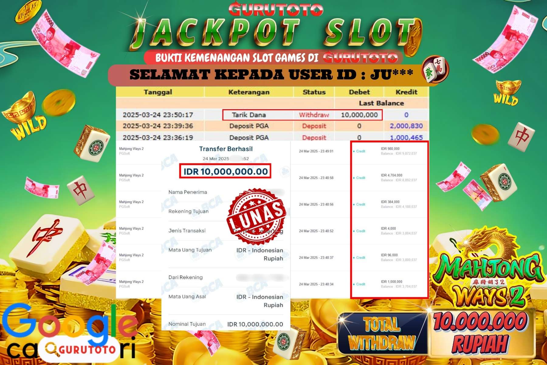 GURUTOTO JACKPOT, SLOT MAHJONG WAYS 2 , Sebesar Rp 10.000.000,- LUNAS