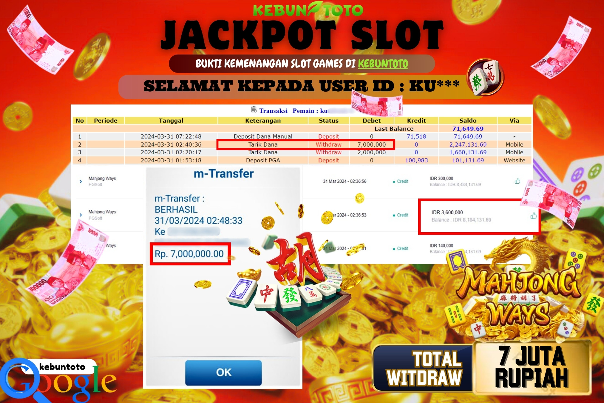 KEBUNTOTO JACKPOT SLOT MAHJONG WAYS Rp.7.000.000,- LUNAS