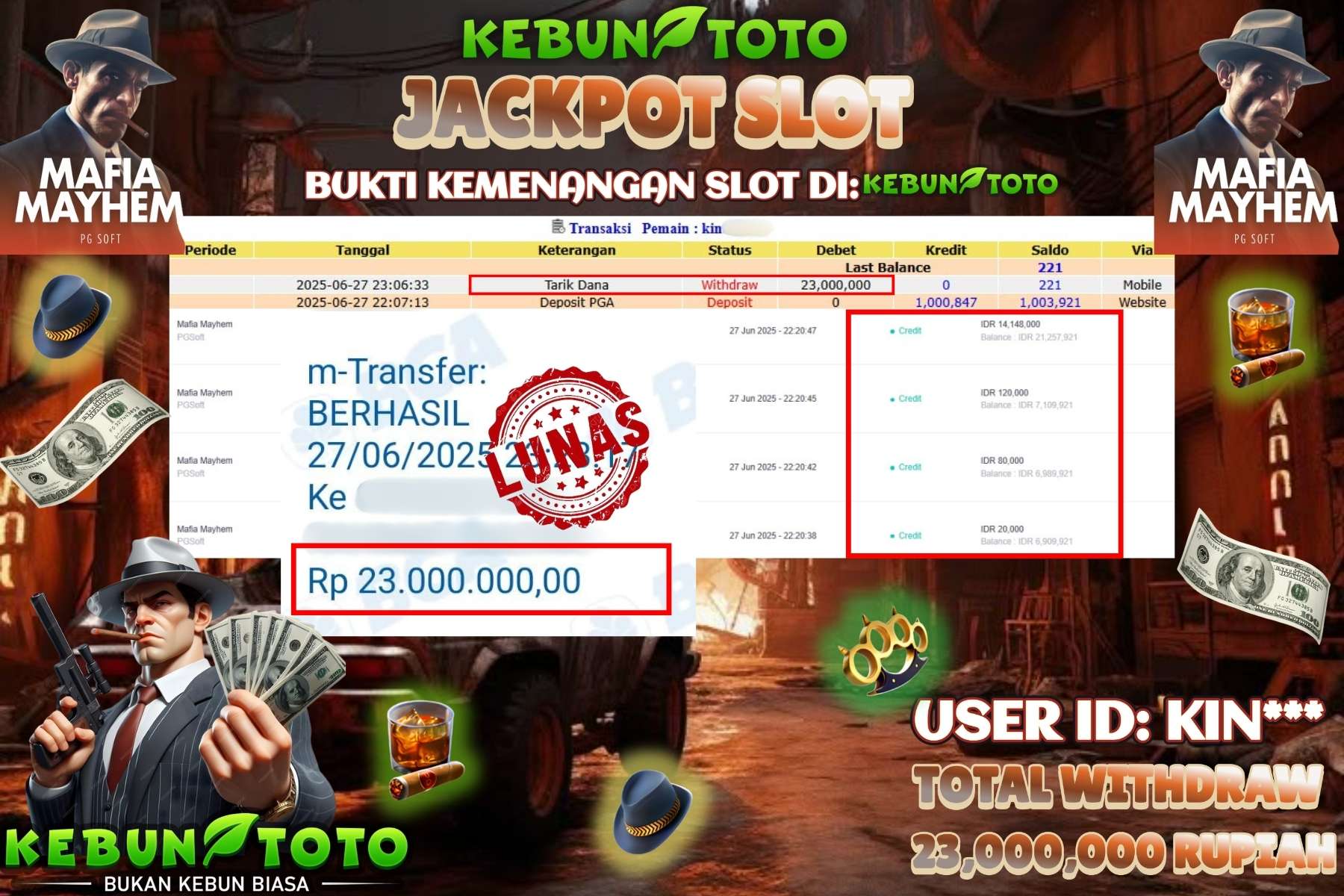 Bukti Kemenangan Rp 23.000.000 SLOT MAFIA MAYTHEM di KEBUNTOTO!
