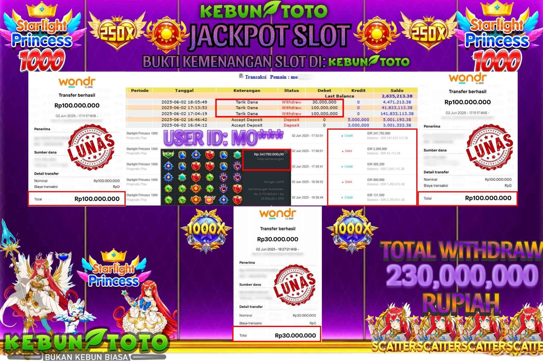 KEBUNTOTO JACKPOT SLOT STARLIGHT PRINCESS 1000 Rp 230.000.000,- LUNAS