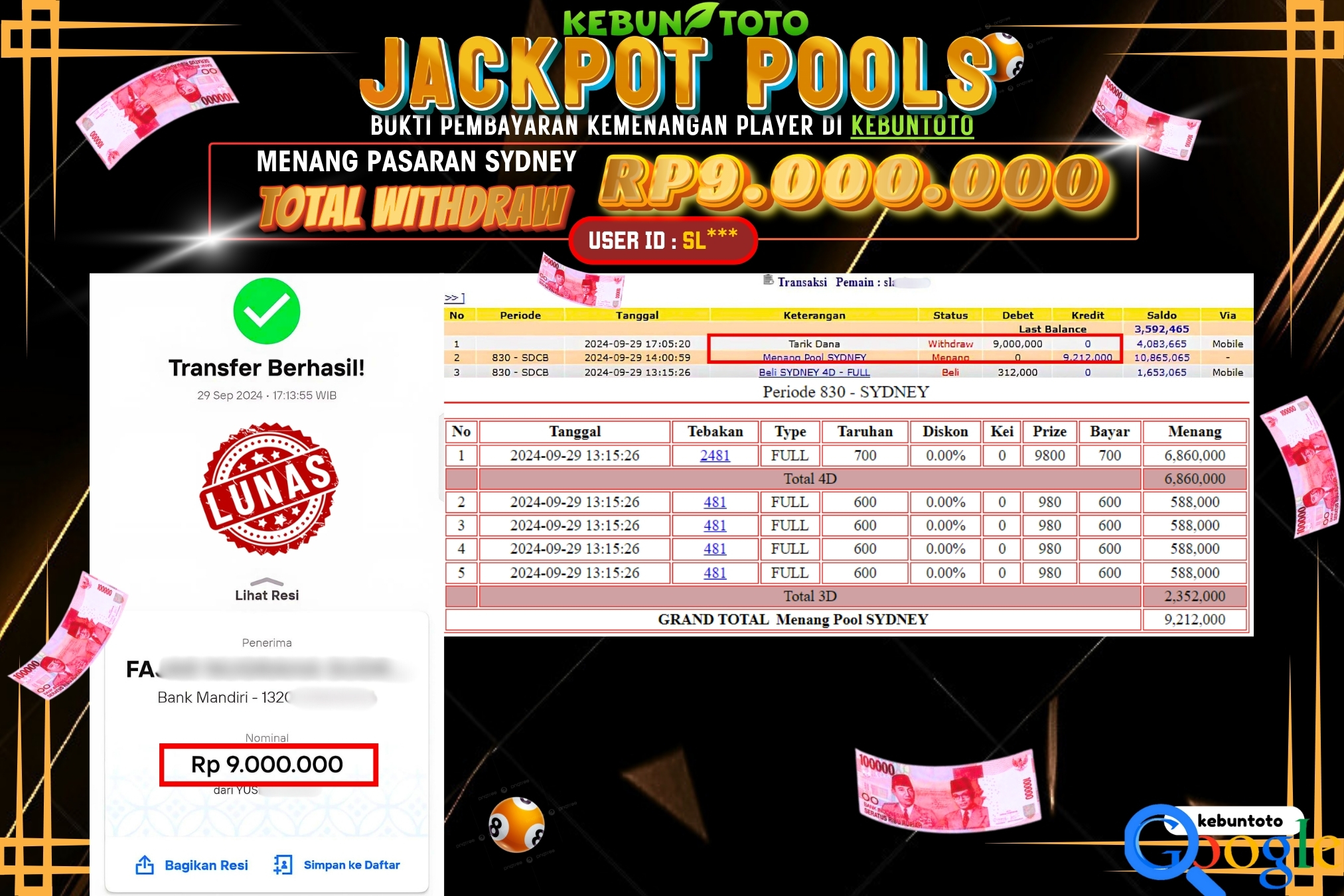 KEBUNTOTO JACKPOT TOGEL PASARAN SYDNEY Rp.9.000.000,- LUNAS