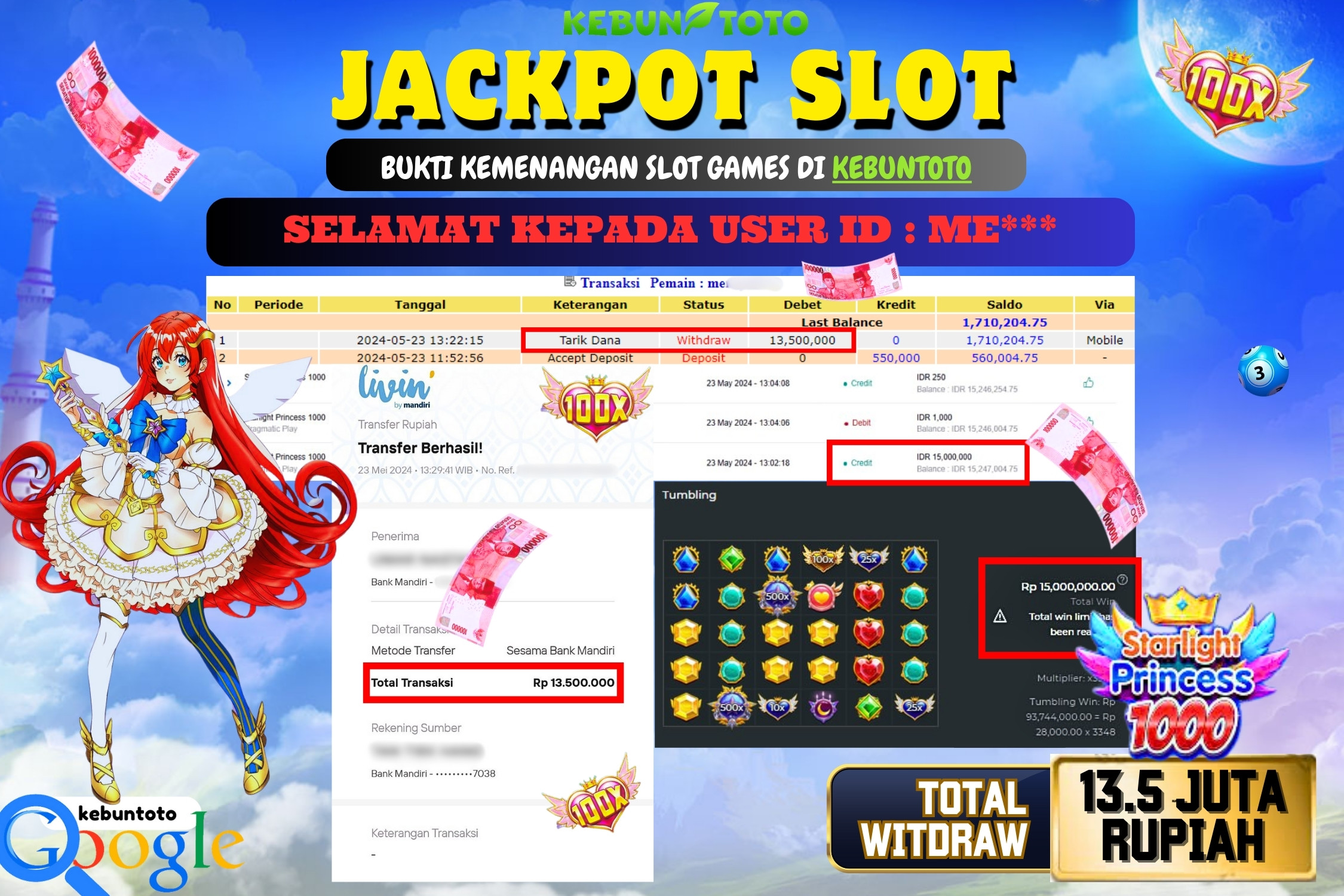 KEBUNTOTO JACKPOT SLOT STARLIGHT PRINCESS 1000 Rp.13.500.000,- LUNAS