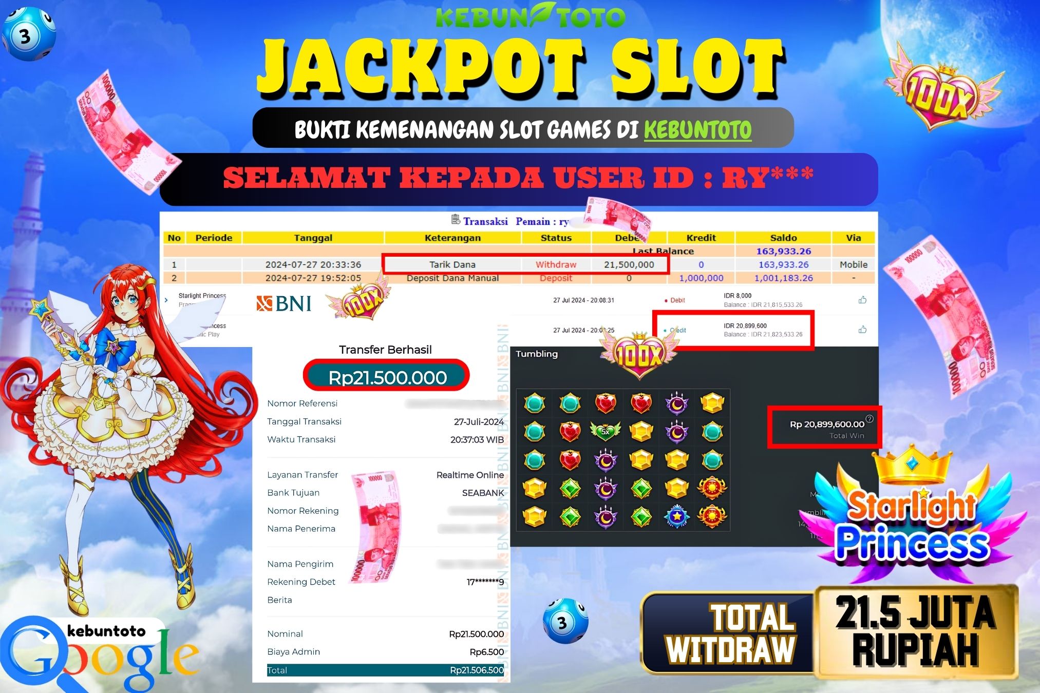 KEBUNTOTO JACKPOT SLOT STARLIGHT PRINCESS Rp.21.500.000,- LUNAS