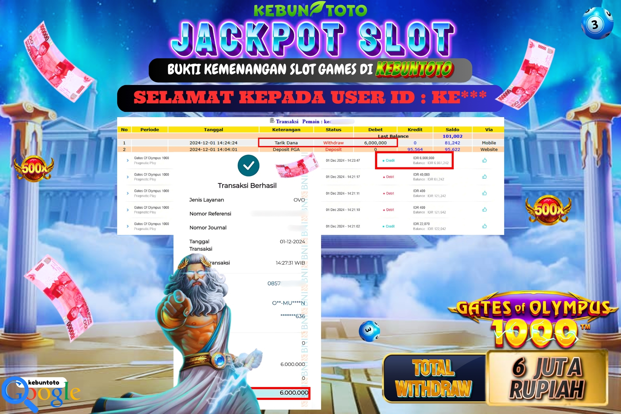 KEBUNTOTO JACKPOT SLOT GATES OF OLYMPUS 1000 Rp.6.000.000,- LUNAS