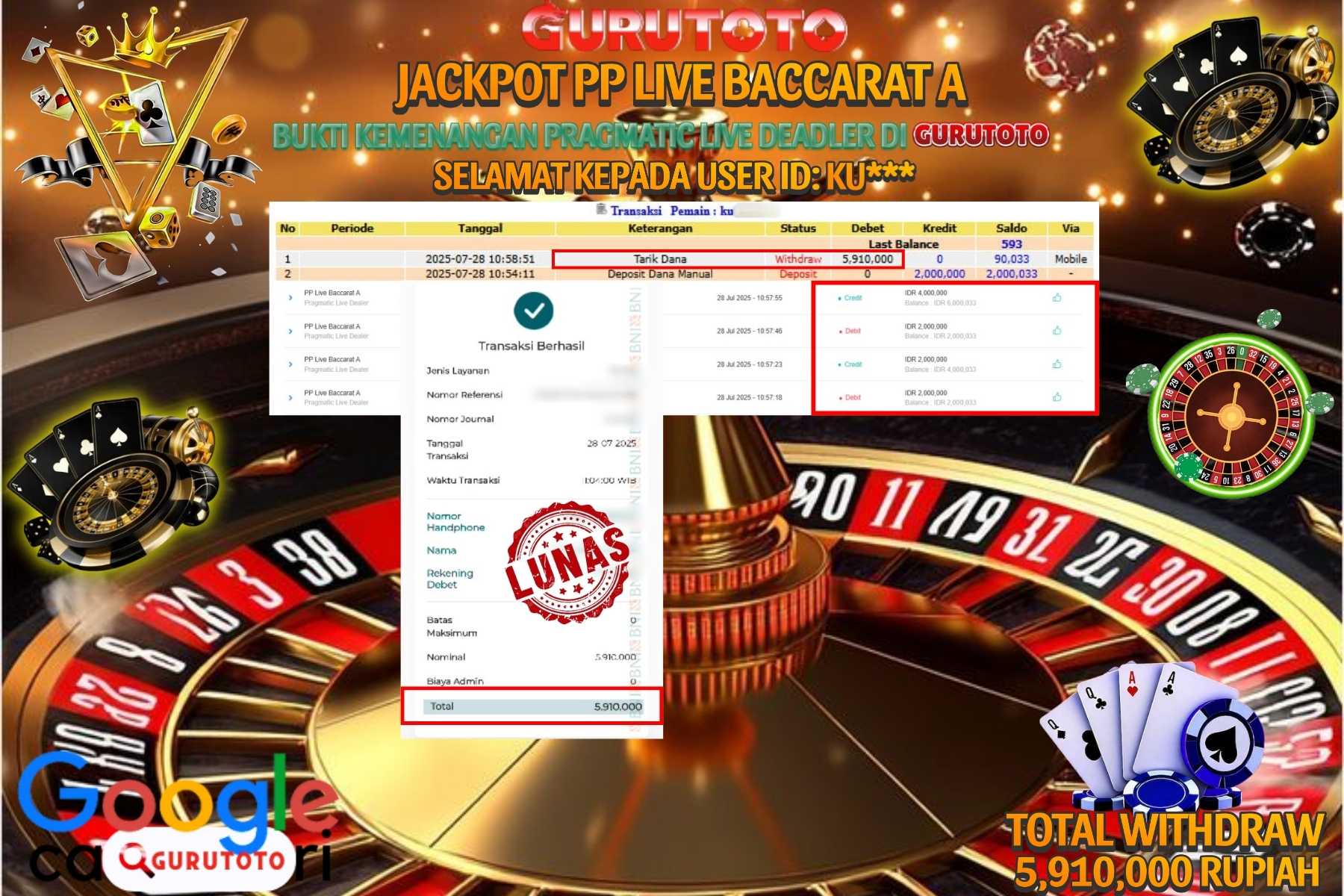 Bukti Kemenangan Rp 5.910.000 CASINO PP LIVE BACCARAT A di GURUTOTO!