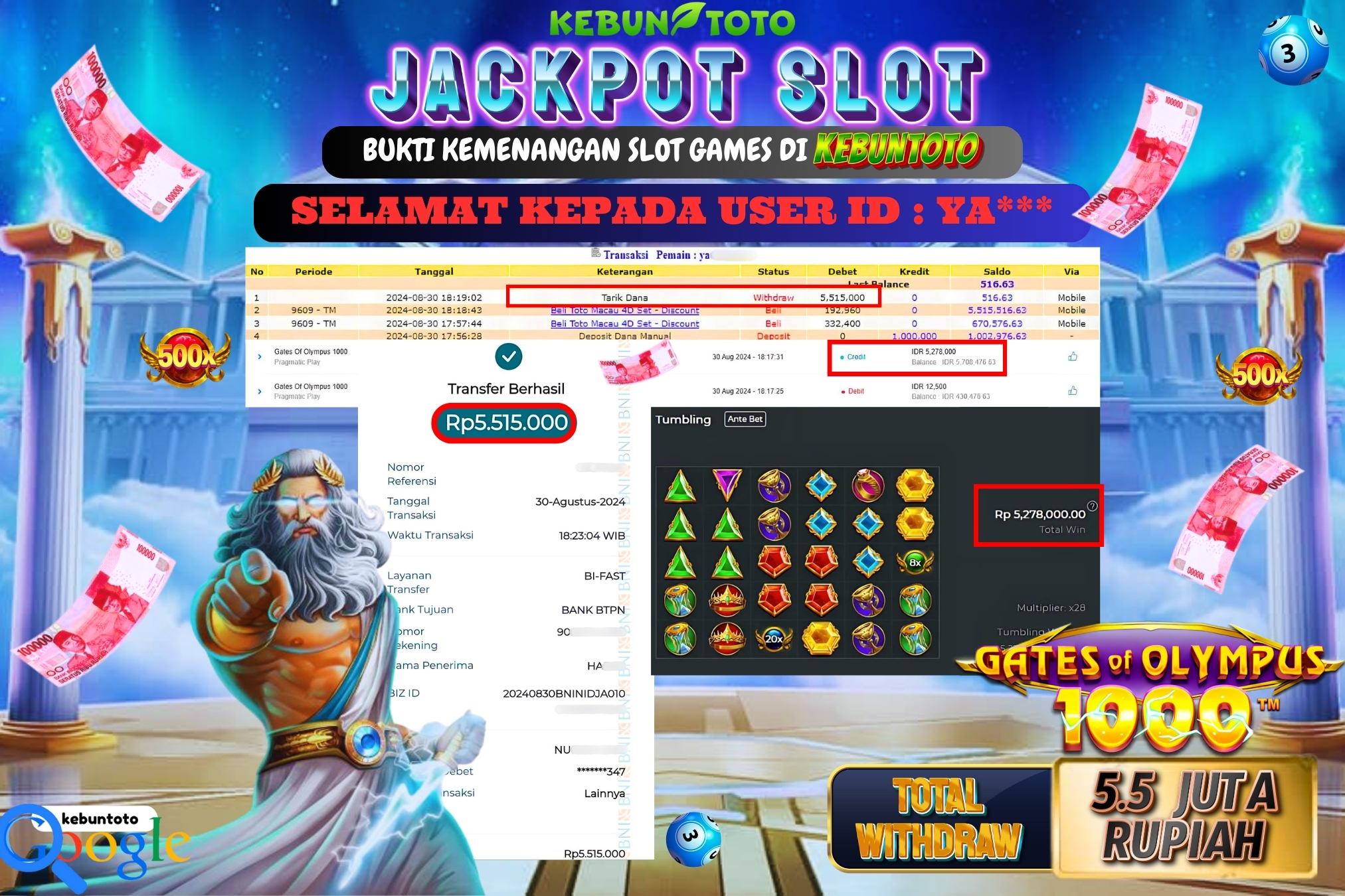KEBUNTOTO JACKPOT SLOT GATES OF OLYMPUS 1000 Rp.5.515.000,- LUNAS
