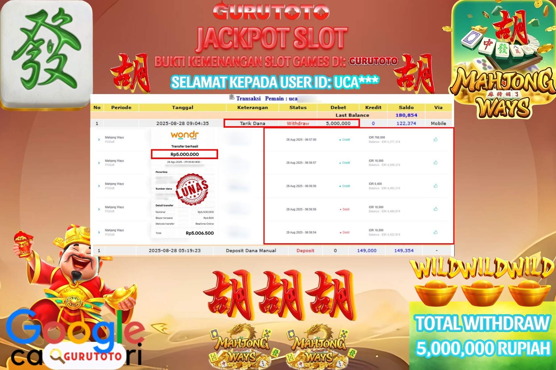 Bukti Kemenangan Rp 5.000.000 SLOT MAHJONG WAYS di GURUTOTO!